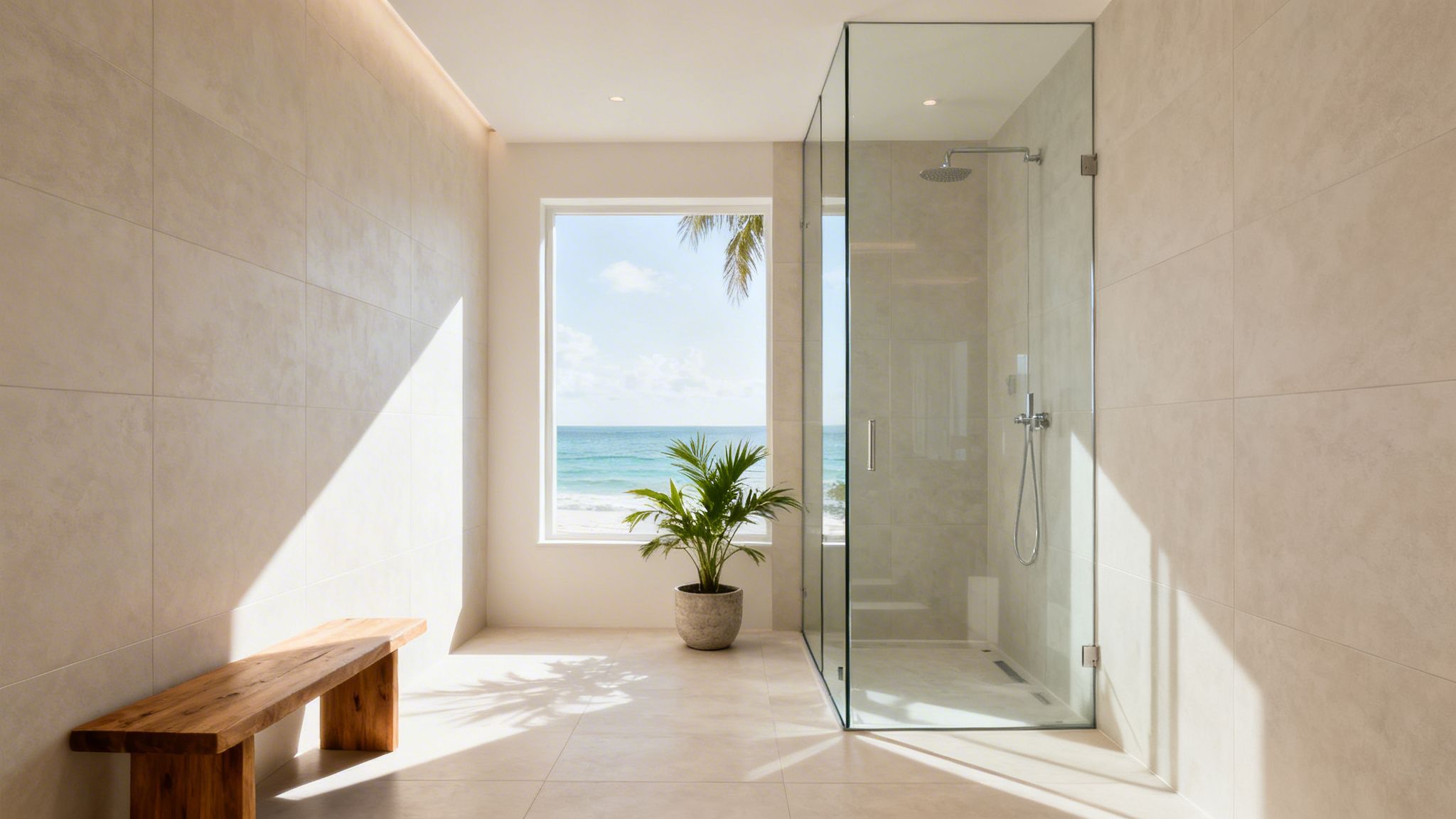 A luxurious bathroom featuring a glass walk-in shower, wooden bench, and ocean view window.