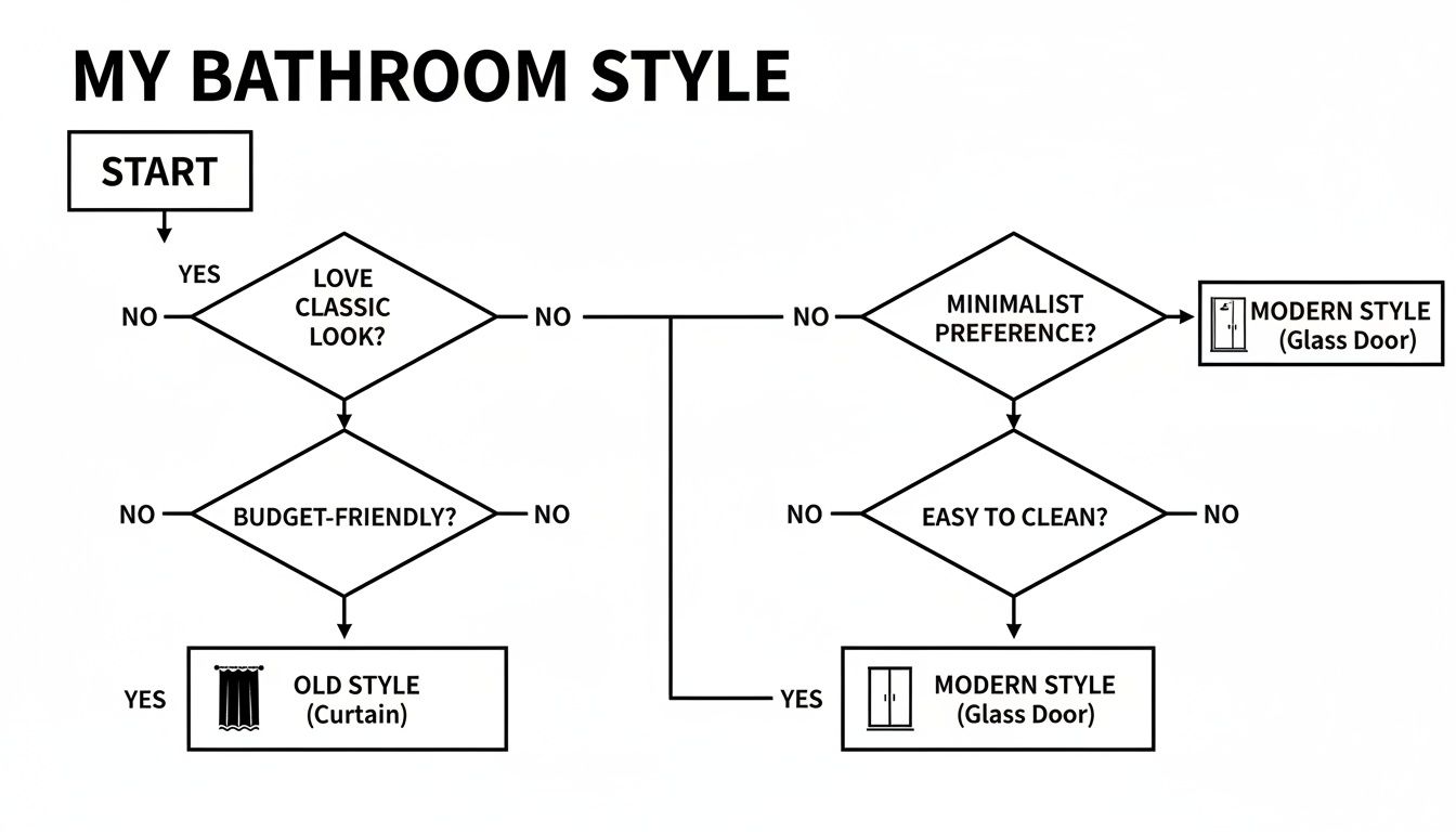 A decision flowchart guiding users to choose between old style curtain and modern glass door for their bathroom style.