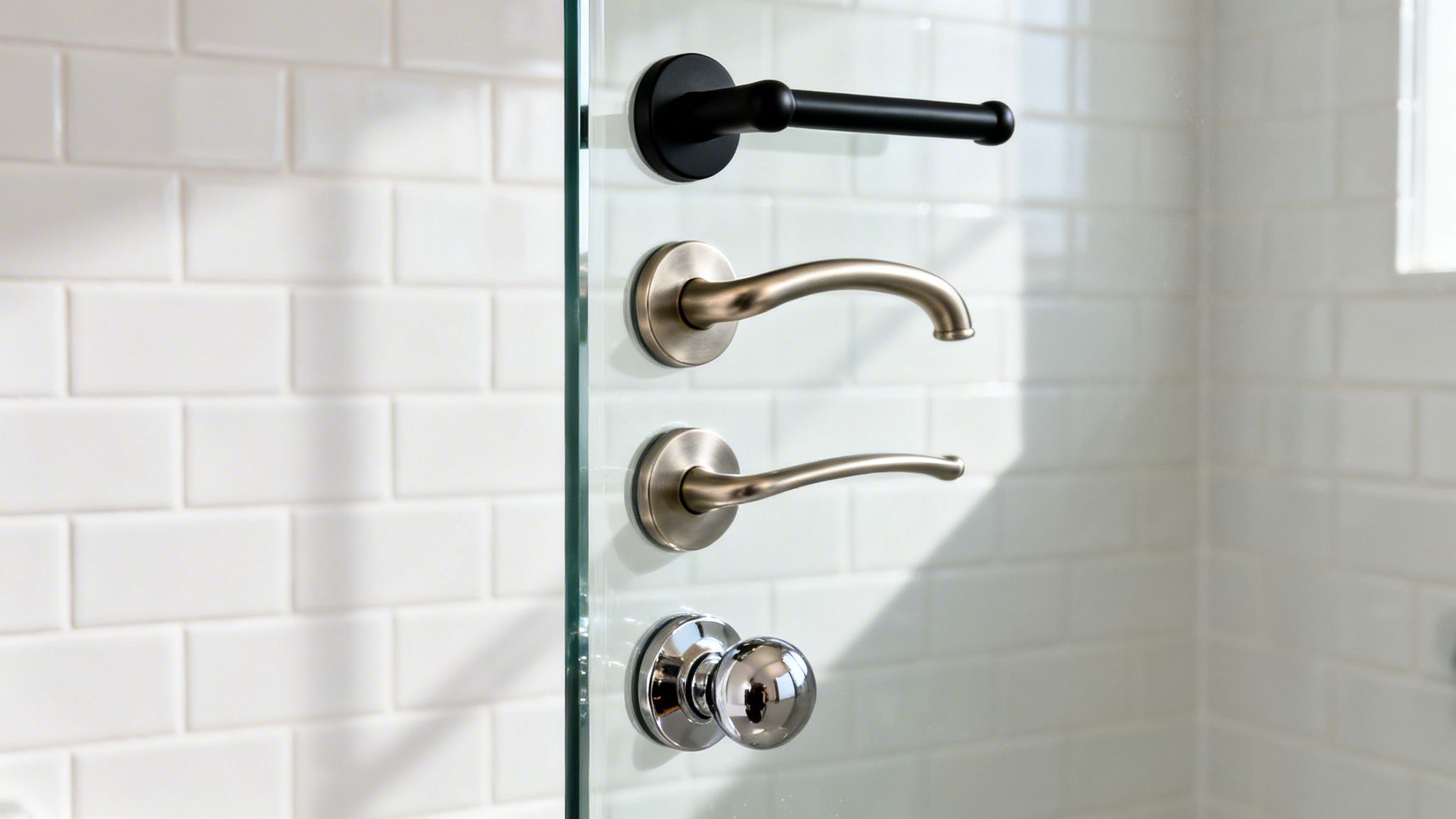Four different styles of shower door handles and knobs on a clear glass panel against a white tiled wall.