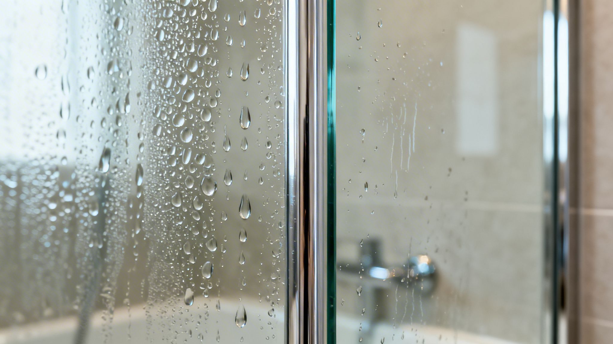 Close-up of a steamy glass shower door covered in condensation and water droplets in a bathroom.