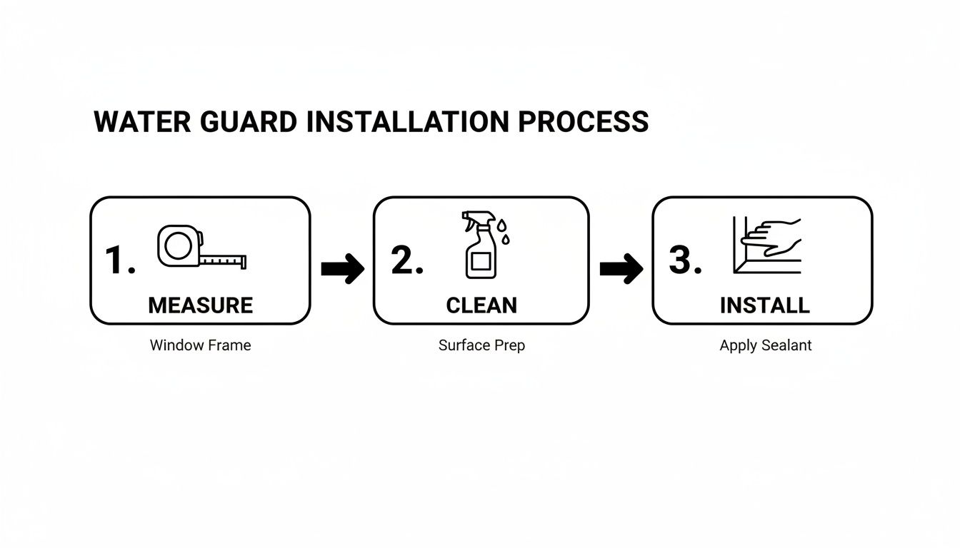 Visual guide showing three steps for water guard installation: measure, clean, and install sealant.