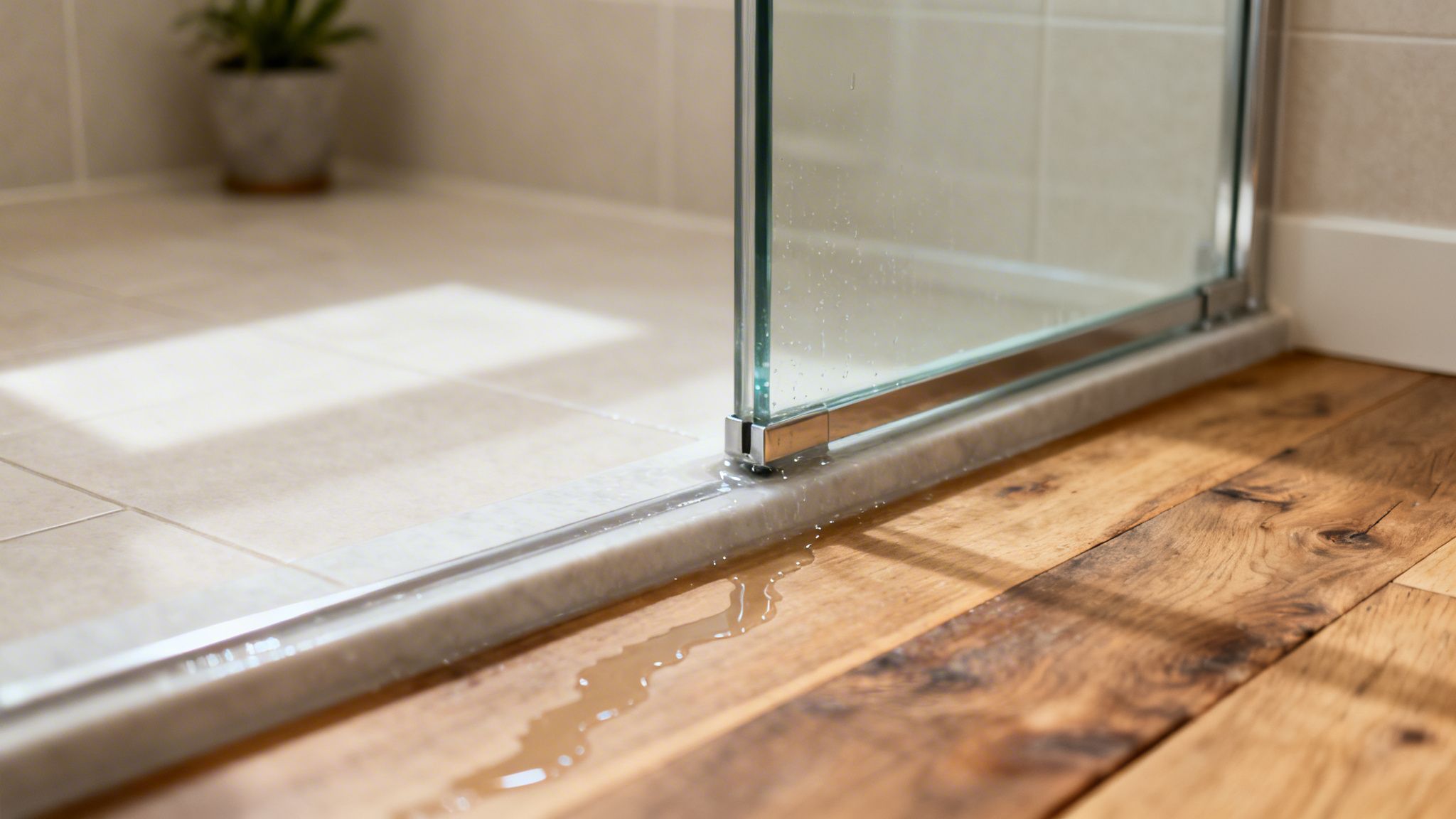 Water leaking from a shower door onto a wet wooden bathroom floor, indicating a seal failure.