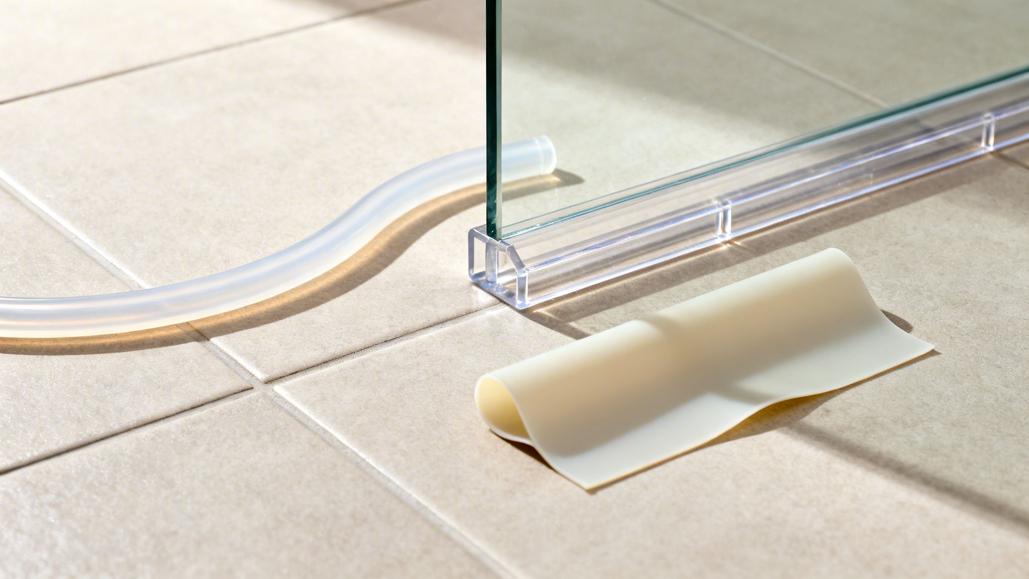 Shower door water guard components: silicone tube, glass panel seal, and flexible sheet on tiles.