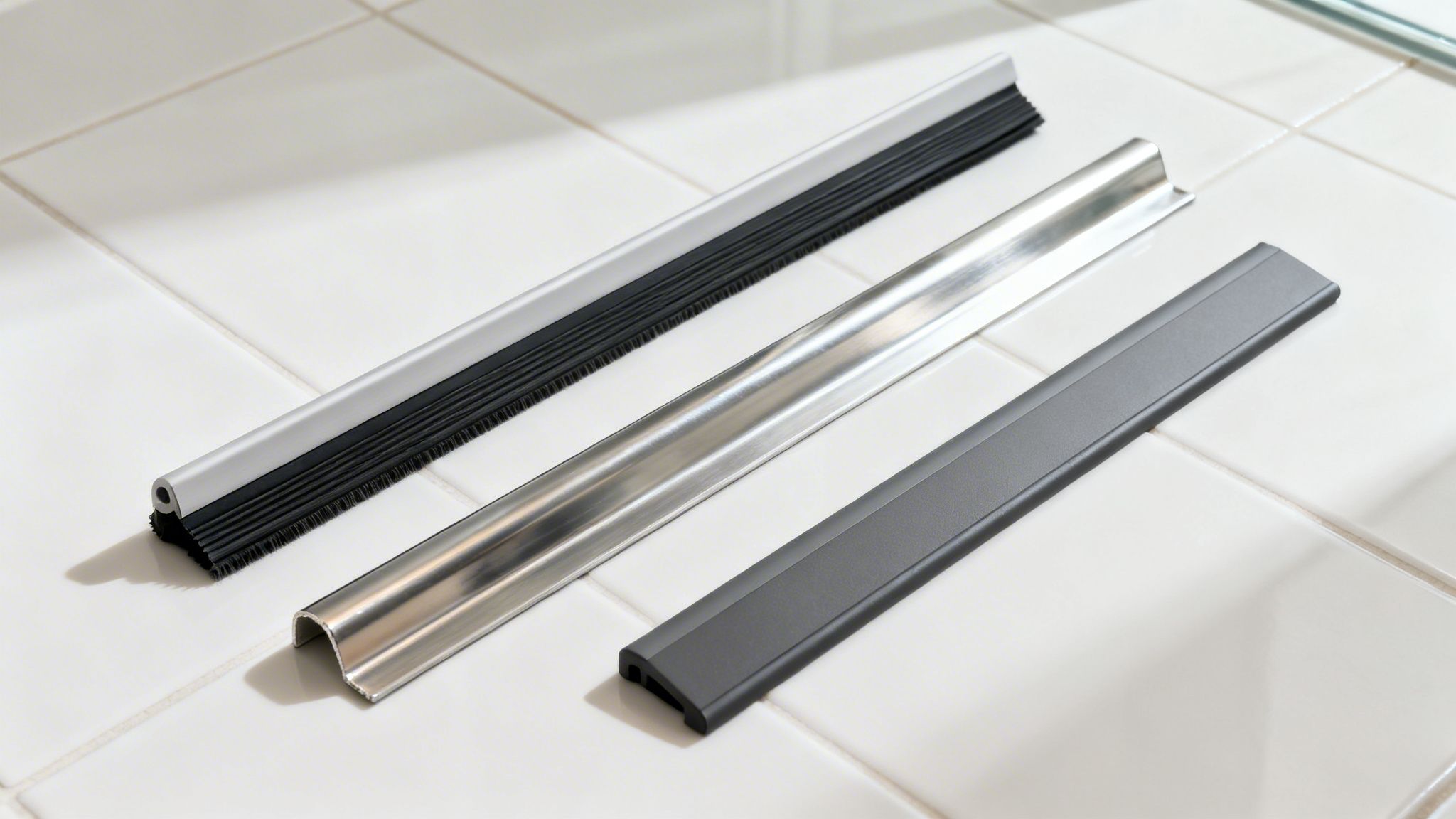Three different shower door water guards with brush, metal, and dark grey designs.