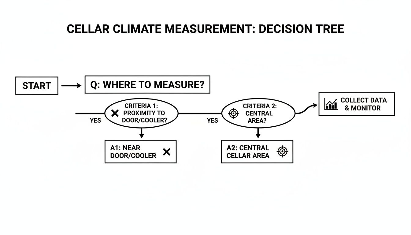 Decision tree flowchart for selecting measurement locations for cellar climate, including near door/cooler and central areas.