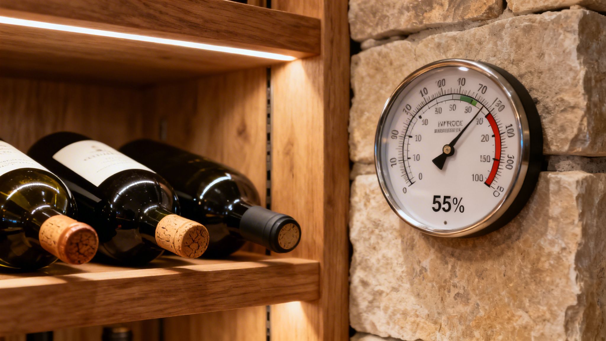 Wine bottles on wooden shelves in a cellar, next to a humidity gauge displaying 55% on a stone wall.