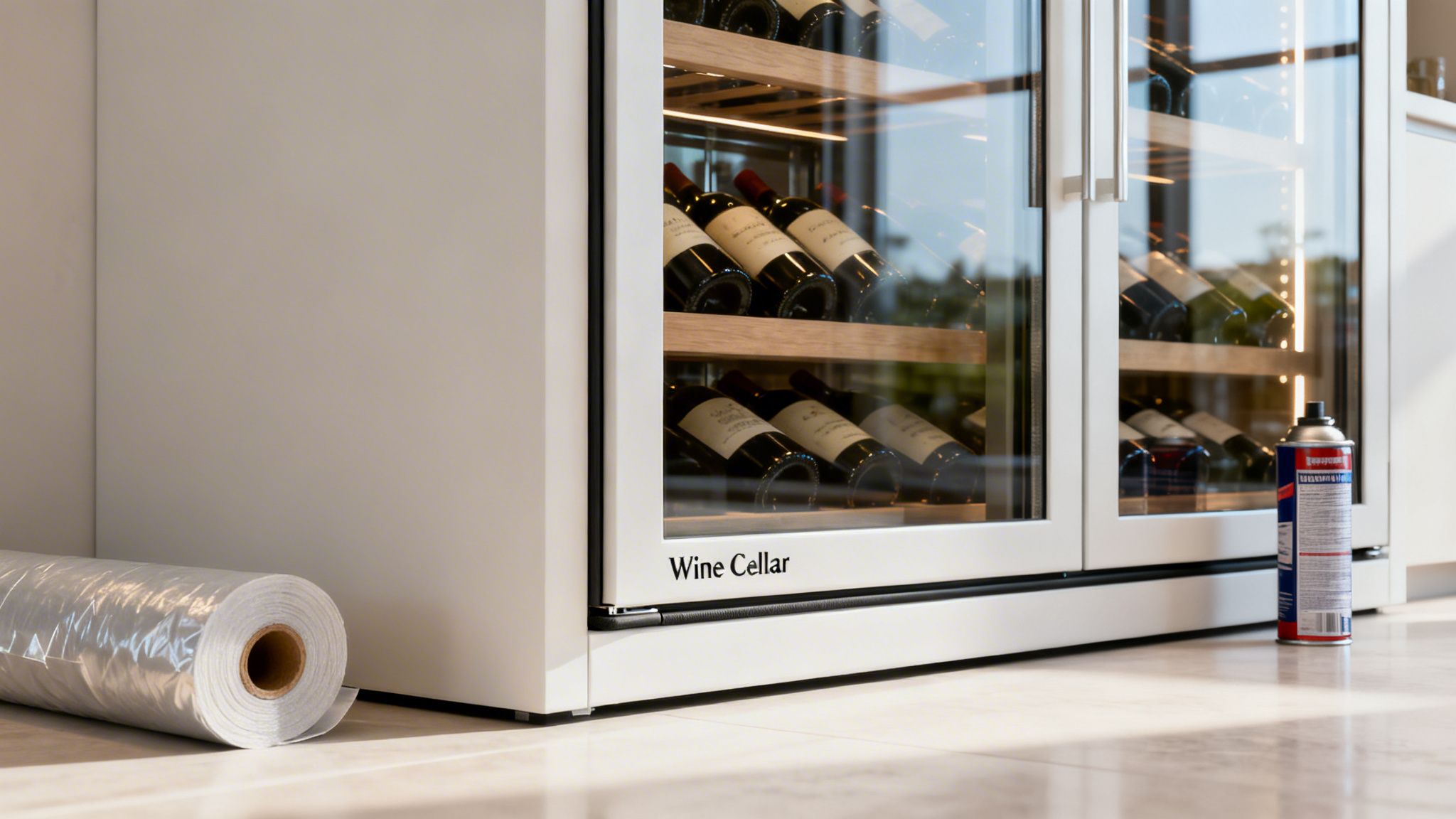 A sleek white wine cellar displaying red wine bottles on wooden shelves, with a roll of plastic wrap and a spray can nearby.