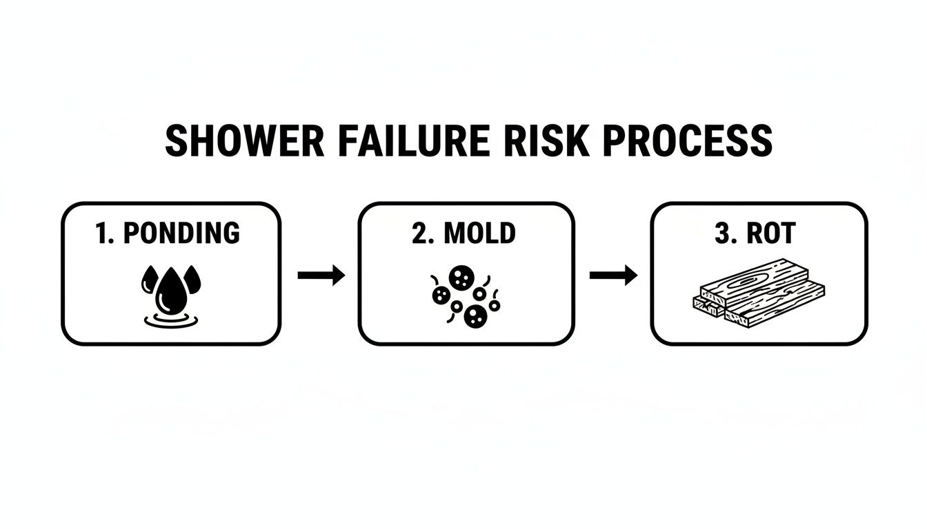 Flowchart illustrating the shower failure risk process: ponding, leading to mold, and ultimately wood rot.