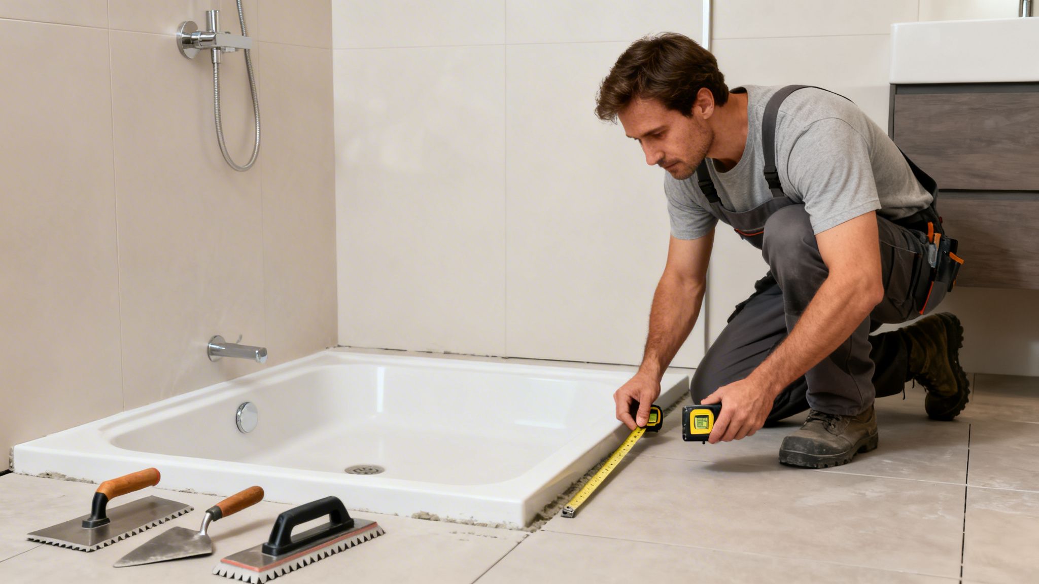 A man measures a white shower pan in a bathroom during tile installation.