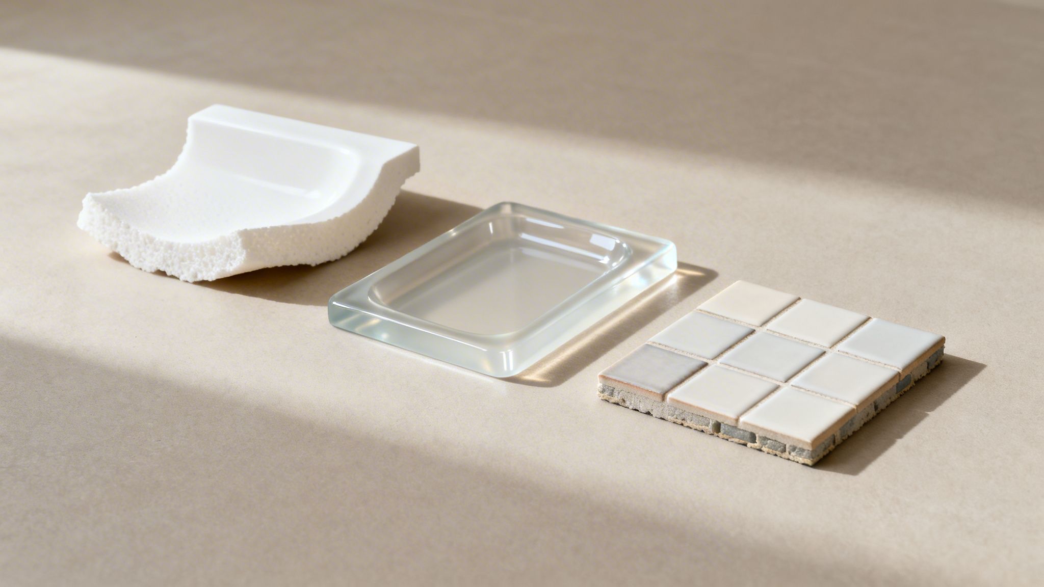 Building materials for bathroom design: white shower pan, glass tray, and mosaic tile samples.