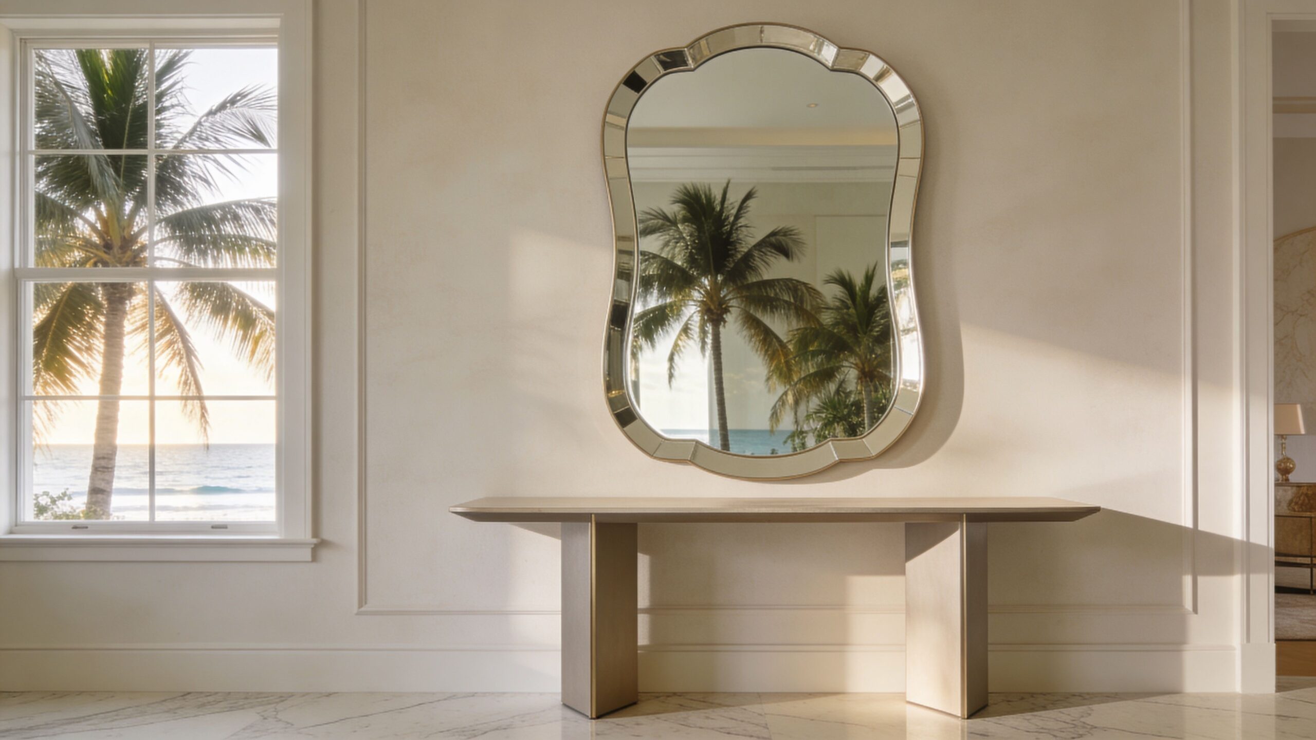A sophisticated entryway featuring a scalloped wall mirror above a modern minimalist console table with ocean views.