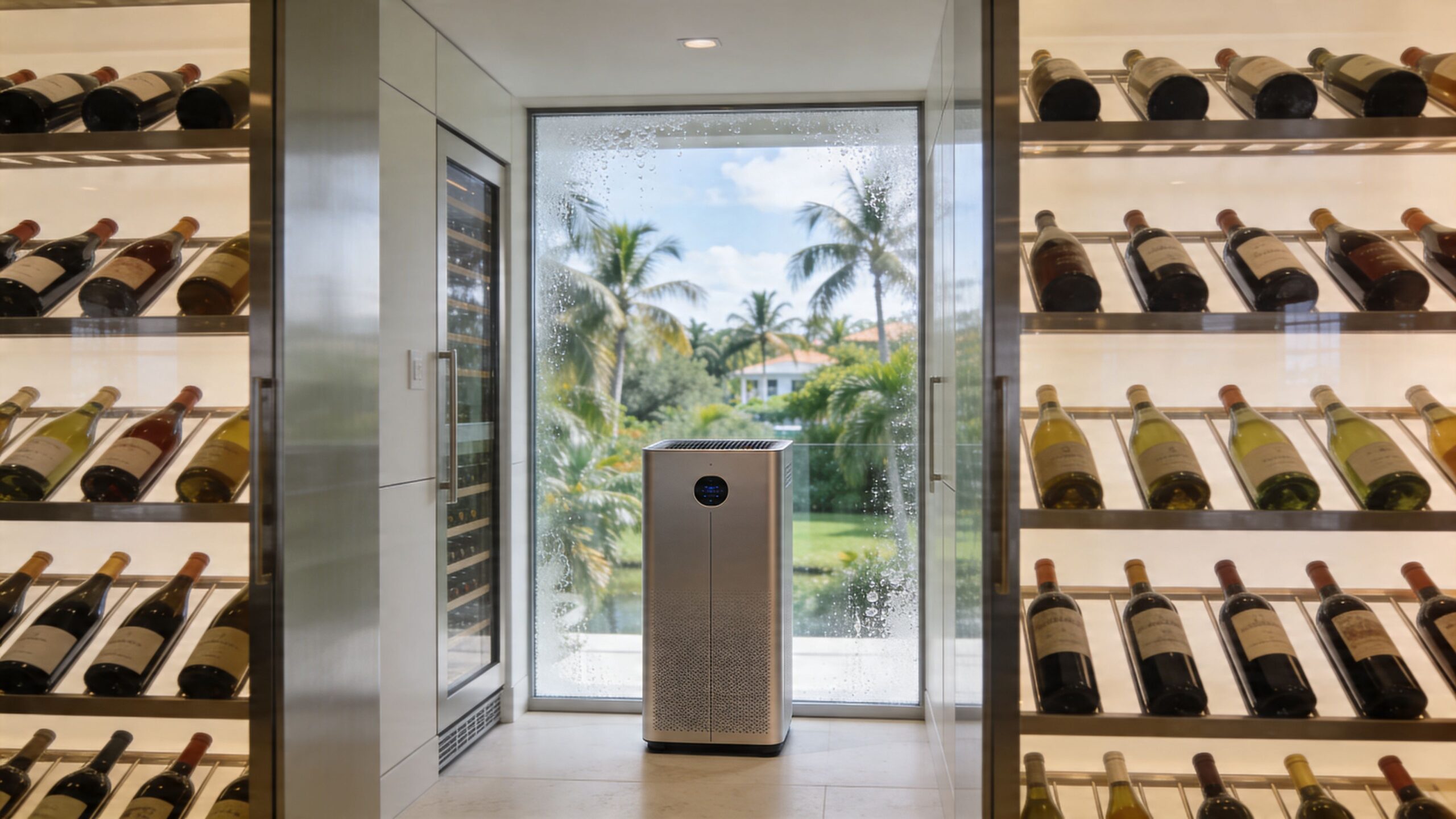 A sleek air purifier stands in front of a window between two walls of a wine cellar.