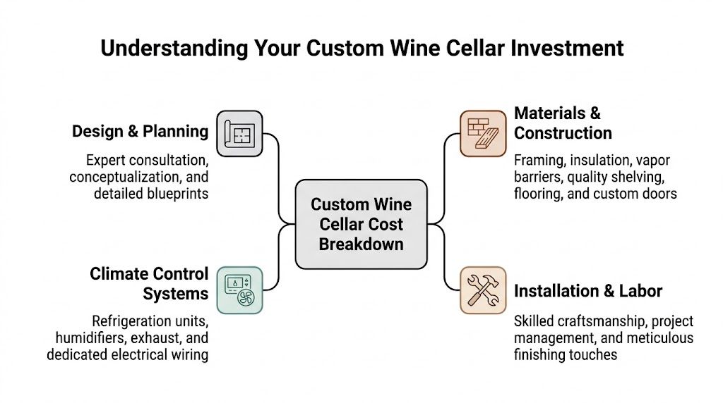 A diagram illustrating the four main components of a custom wine cellar cost breakdown.