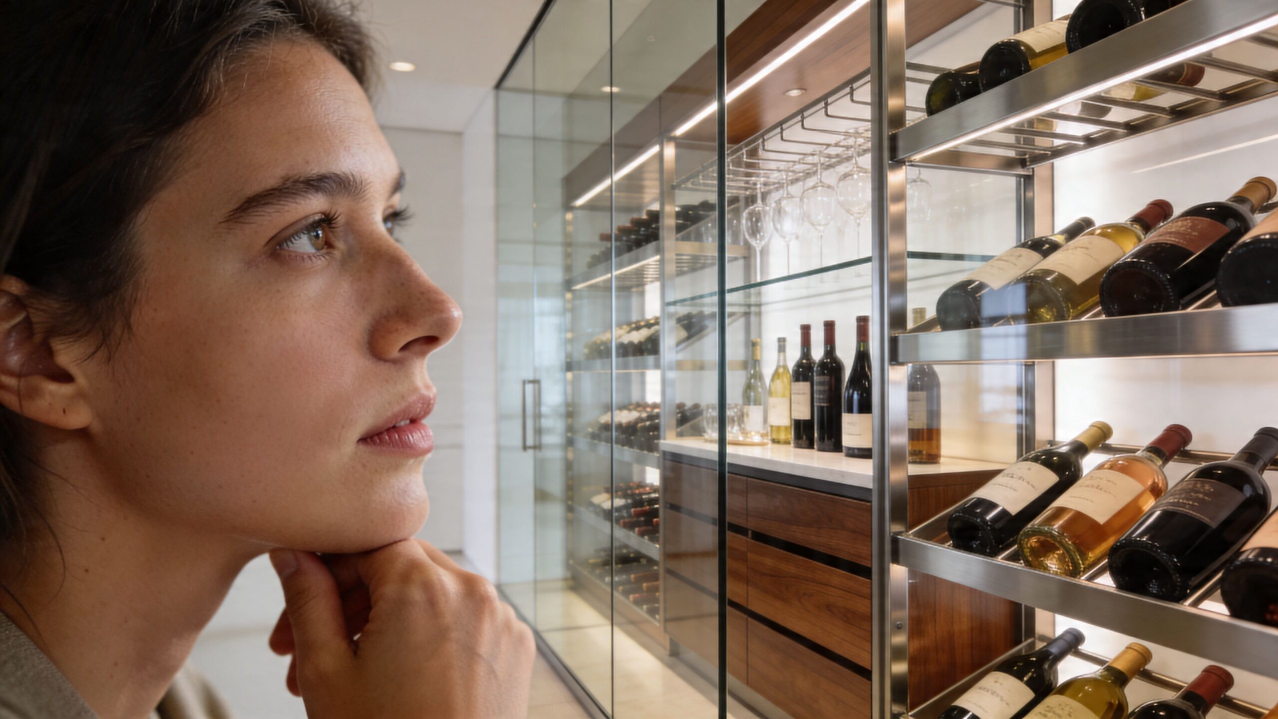 A thoughtful woman looks at a sophisticated modern custom wine cellar collection stored on illuminated shelving.