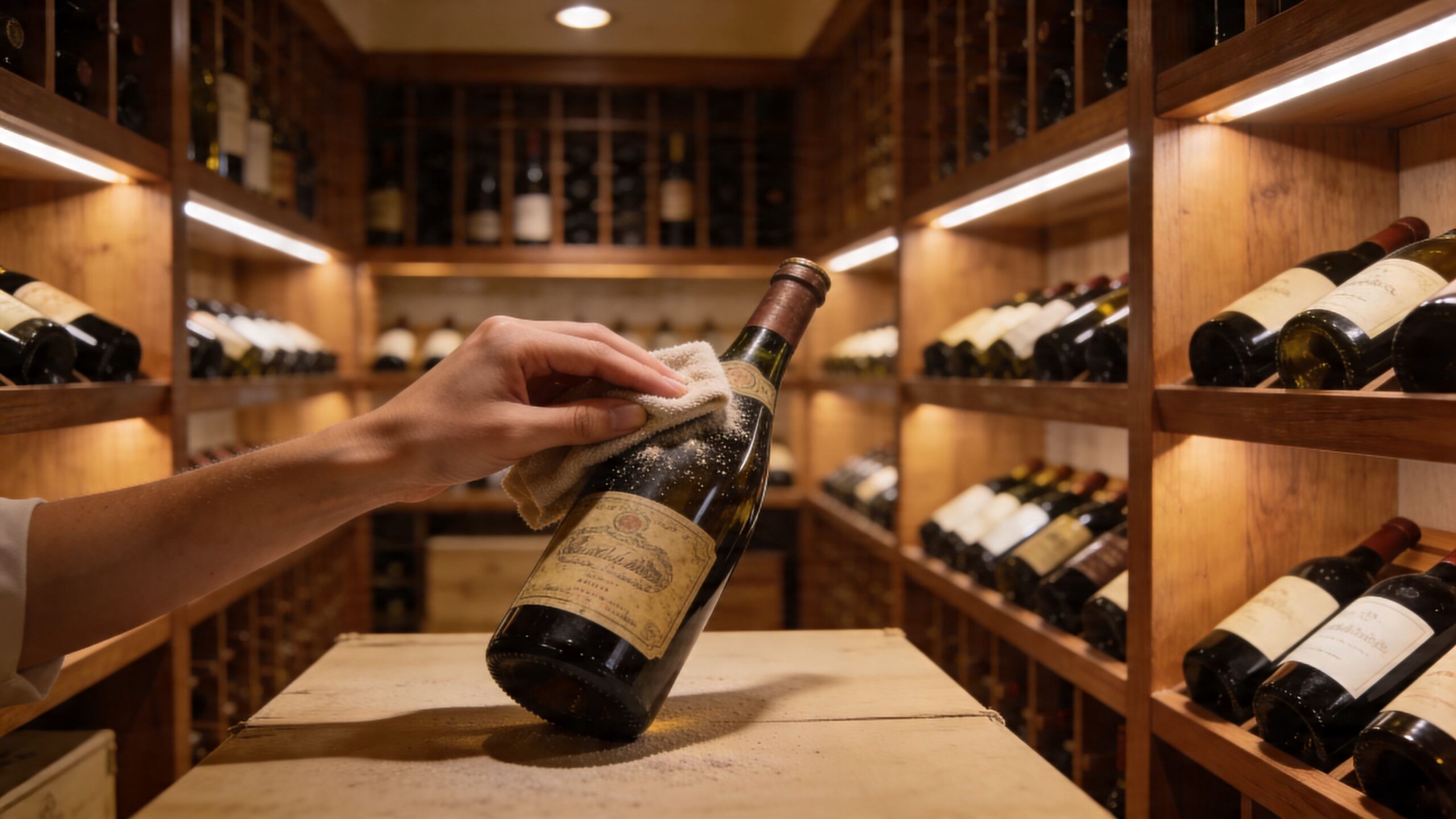A hand cleans dust off a vintage wine bottle in a dimly lit, well-stocked luxury wine cellar.