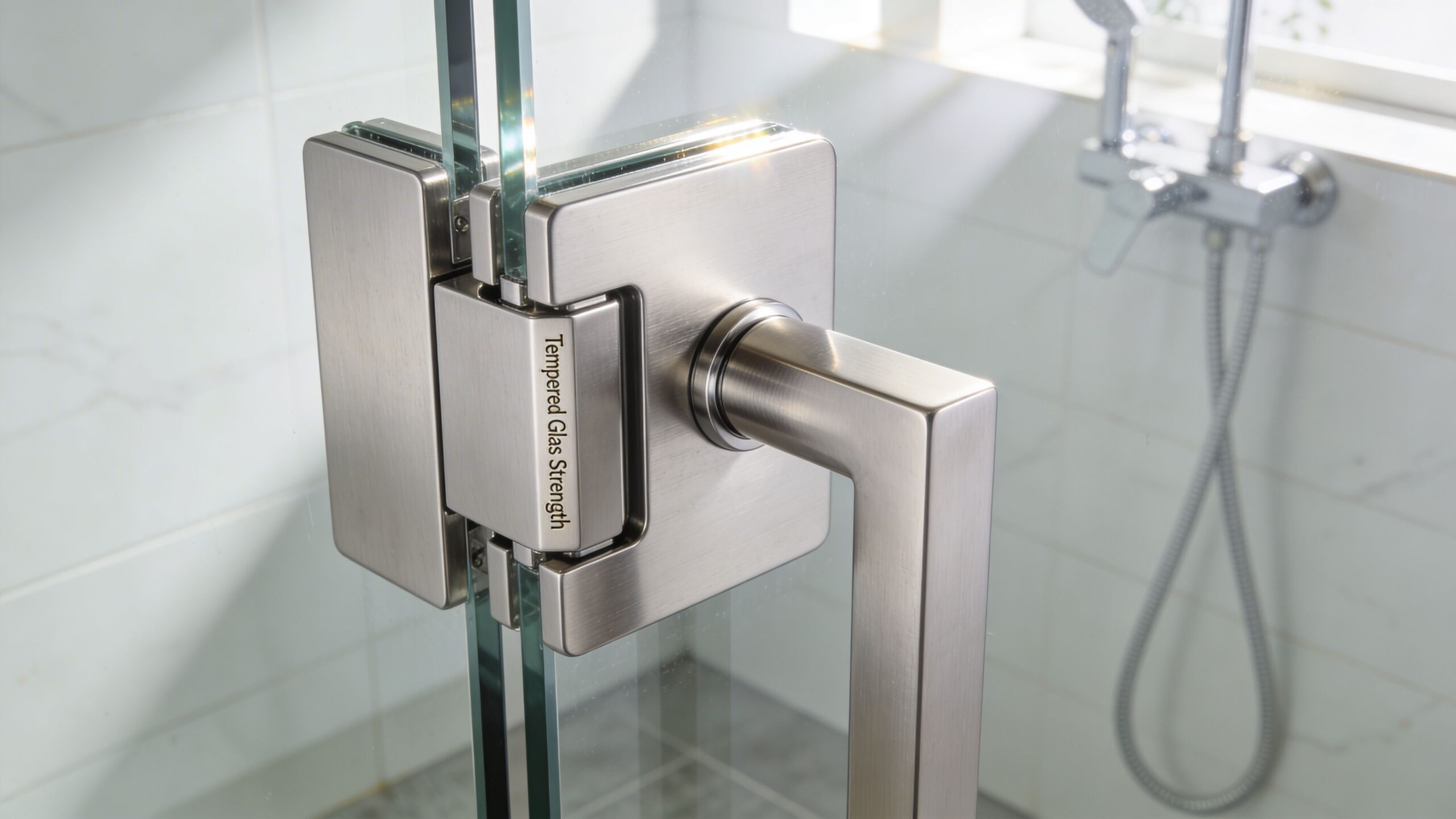 A close-up view of a high-quality stainless steel shower door hinge and handle on glass.