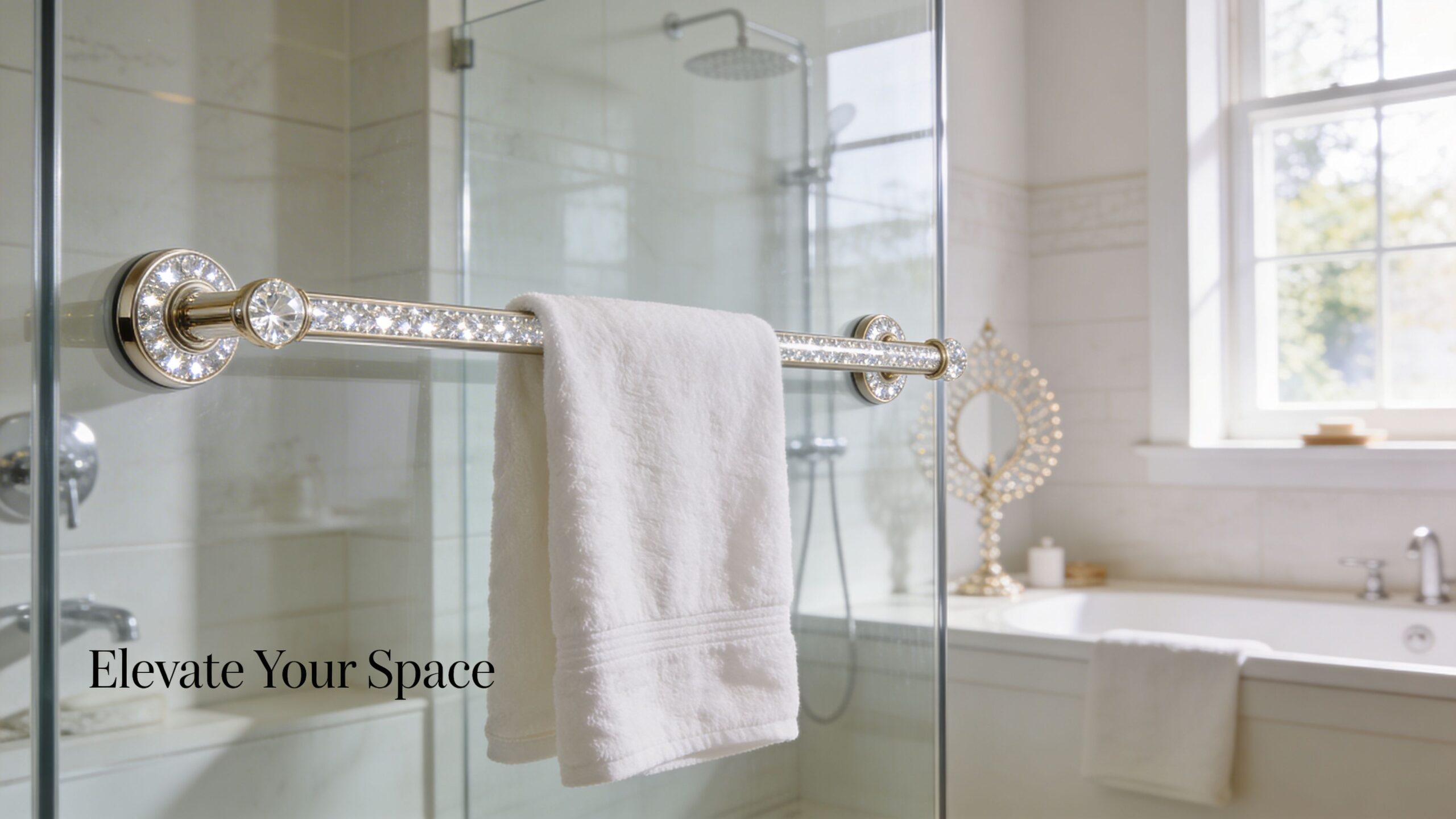 A close-up view of a luxury crystal-encrusted shower door handle with a white towel hanging on it.