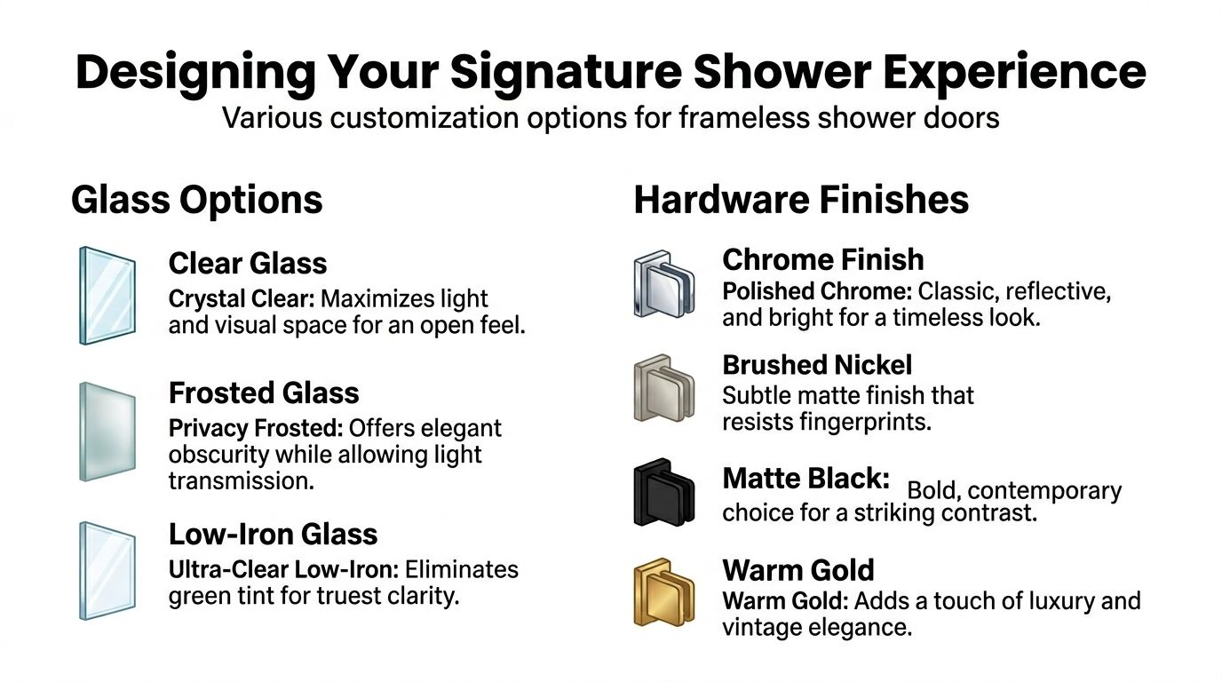 A guide illustrating various customization options for frameless shower doors, including glass types and hardware finishes.