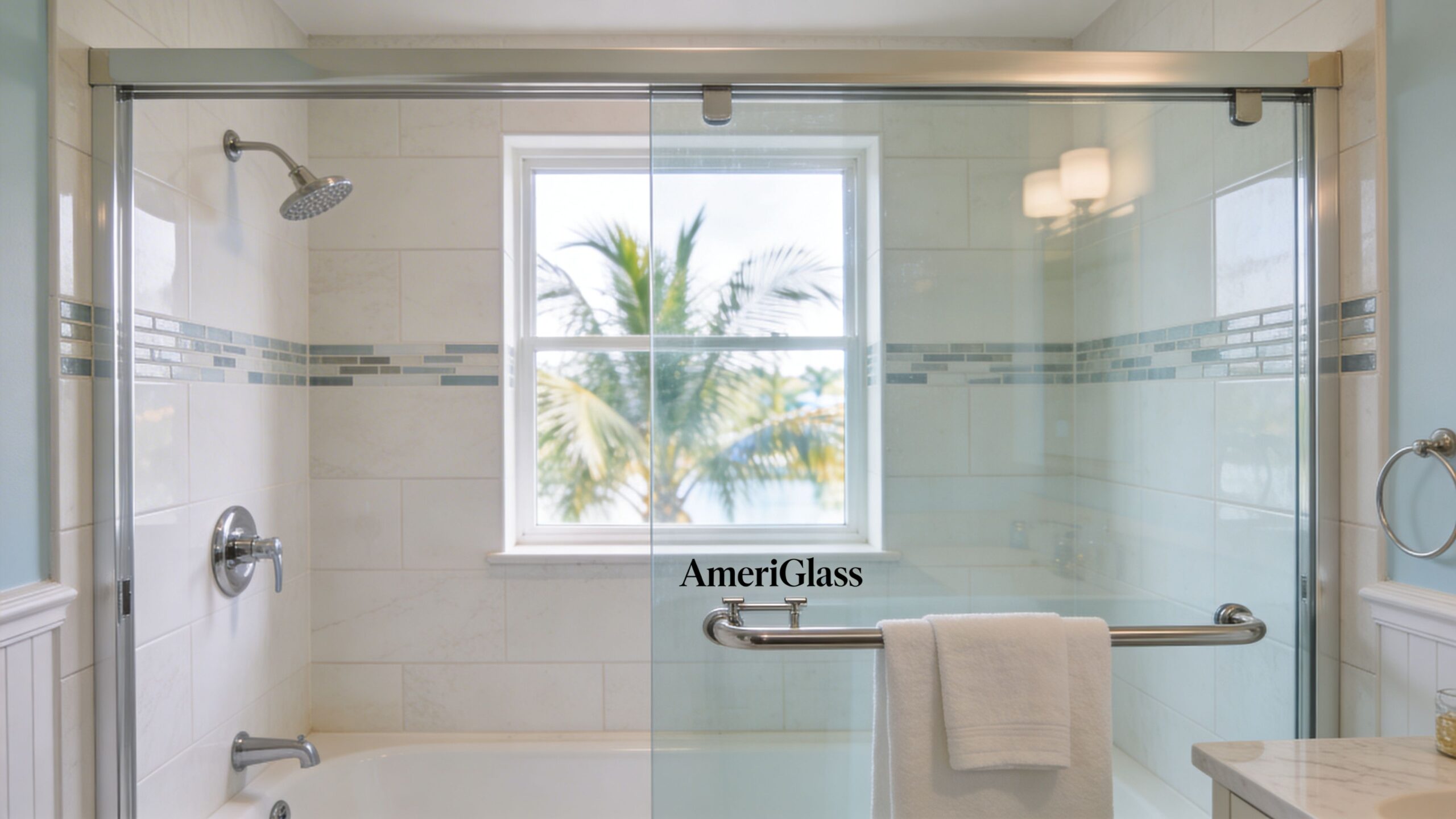A clean, modern bathroom featuring a sliding frameless shower door with a polished metal handle and towel bar.