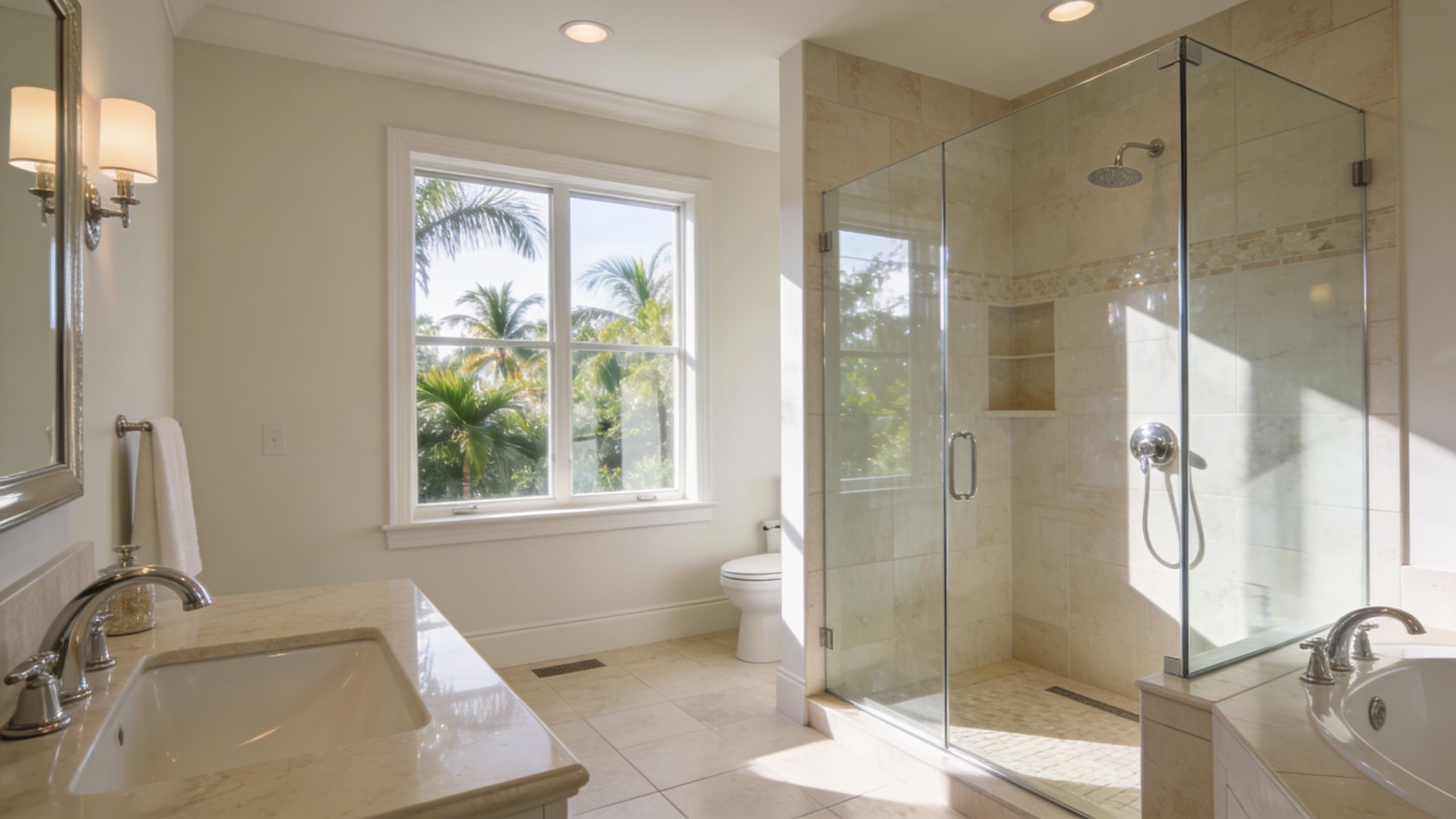 A luxurious master bathroom featuring a spacious frameless glass walk-in shower and a marble vanity countertop.