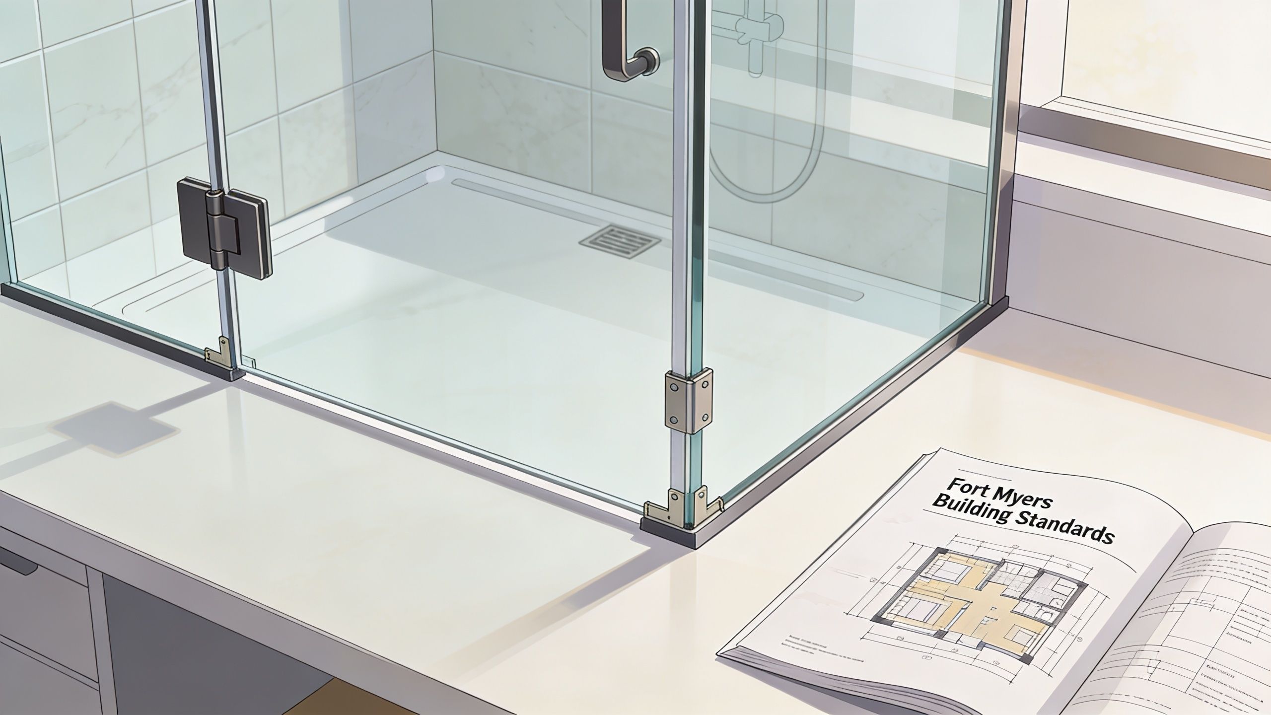 A modern frameless glass shower enclosure sits on a countertop next to Fort Myers building standard plans.