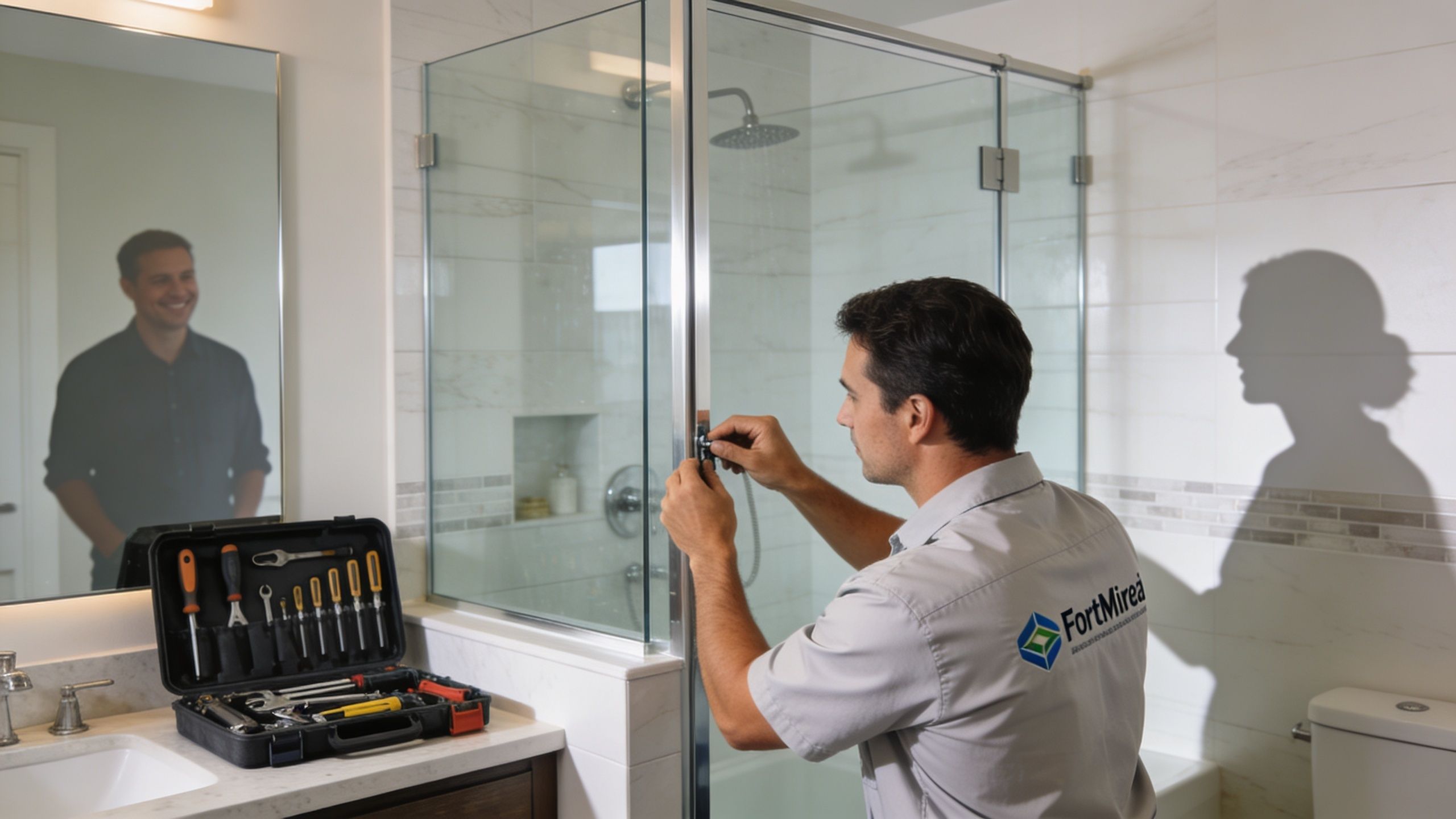 A professional technician installing a modern frameless shower door in a residential bathroom setting.