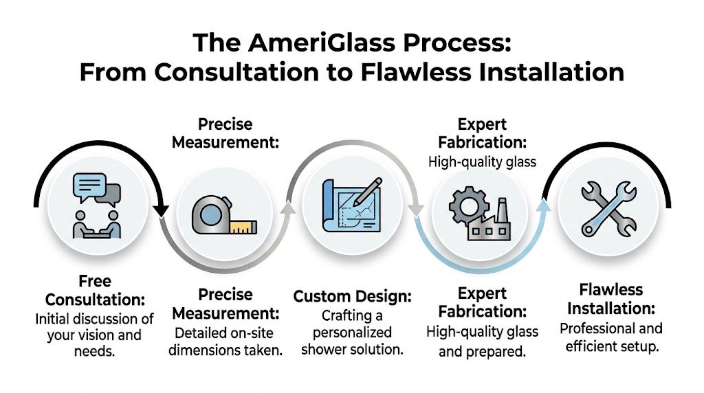 An infographic showing the five steps of the AmeriGlass process for installing custom glass shower doors.