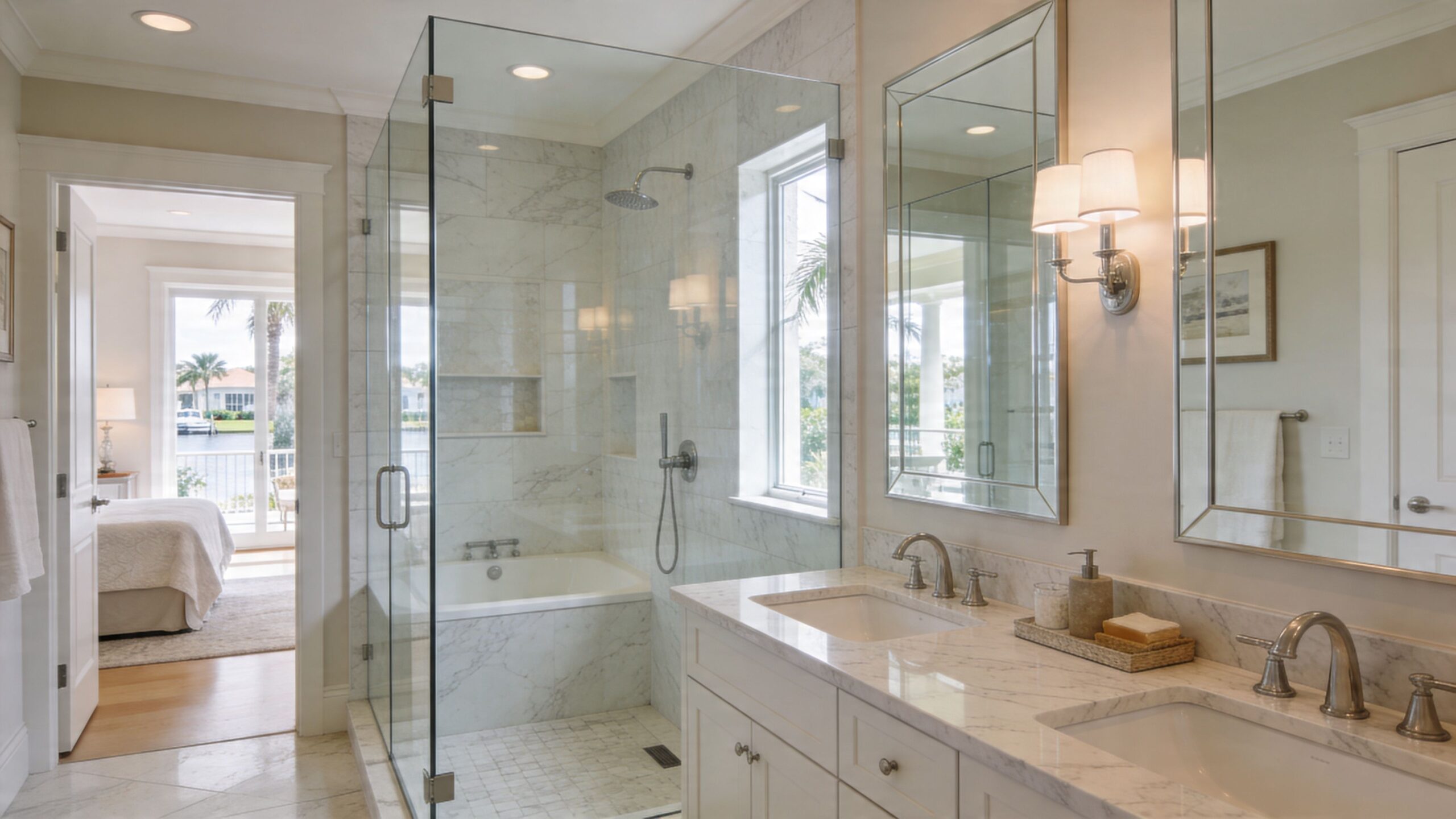 A luxurious modern bathroom featuring a frameless glass shower door and dual marble vanity sinks.