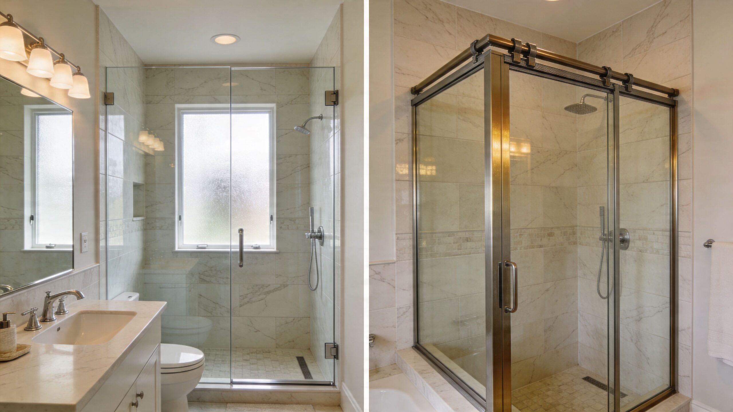 Two views of a modern bathroom showing frameless and framed sliding glass shower door installations.