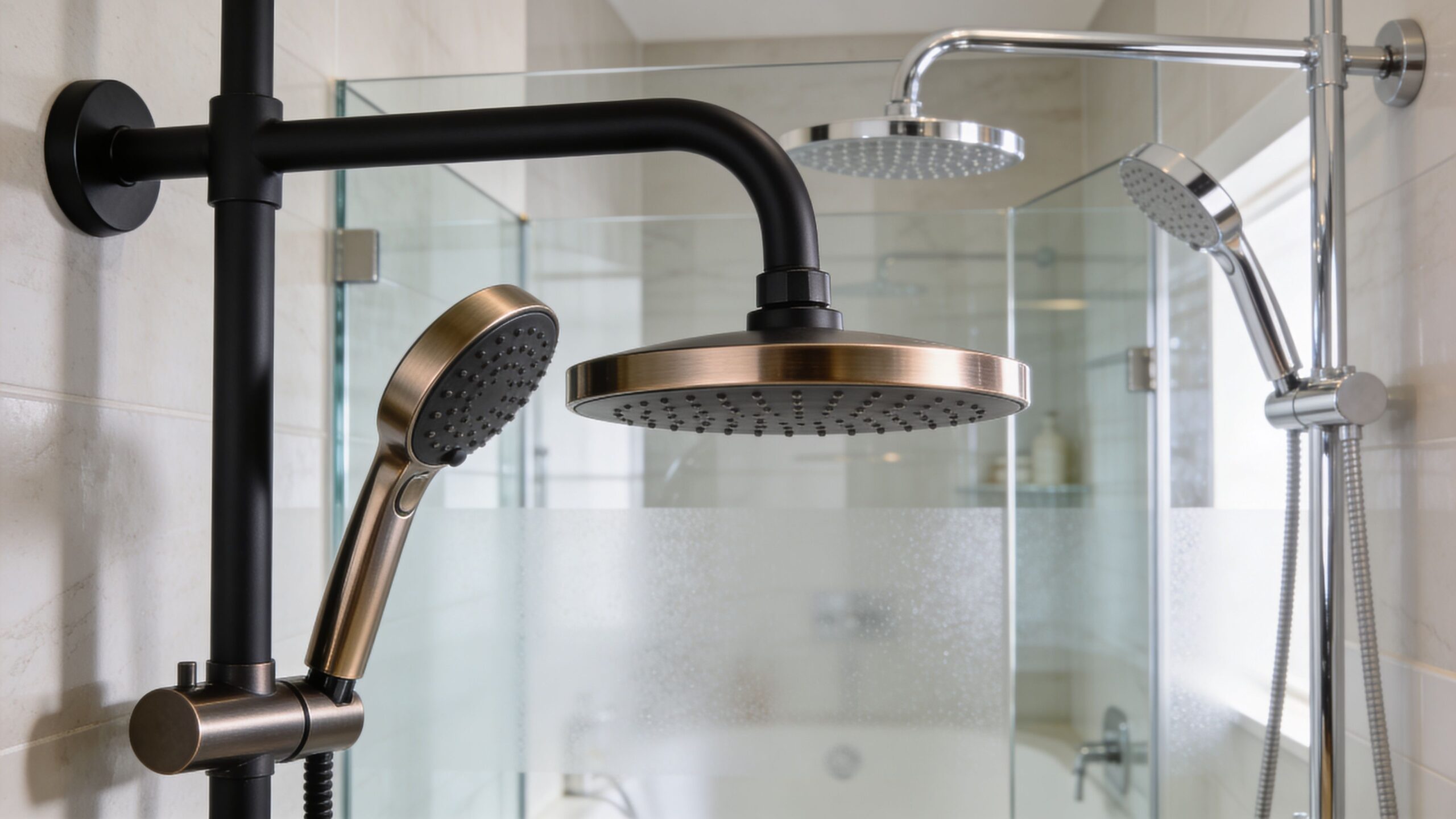 A modern shower system with black and bronze fixtures installed inside a tiled bathroom enclosure.