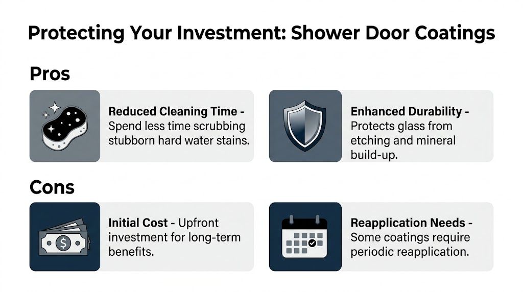 An infographic comparing the pros and cons of protective coatings for glass panel shower doors.