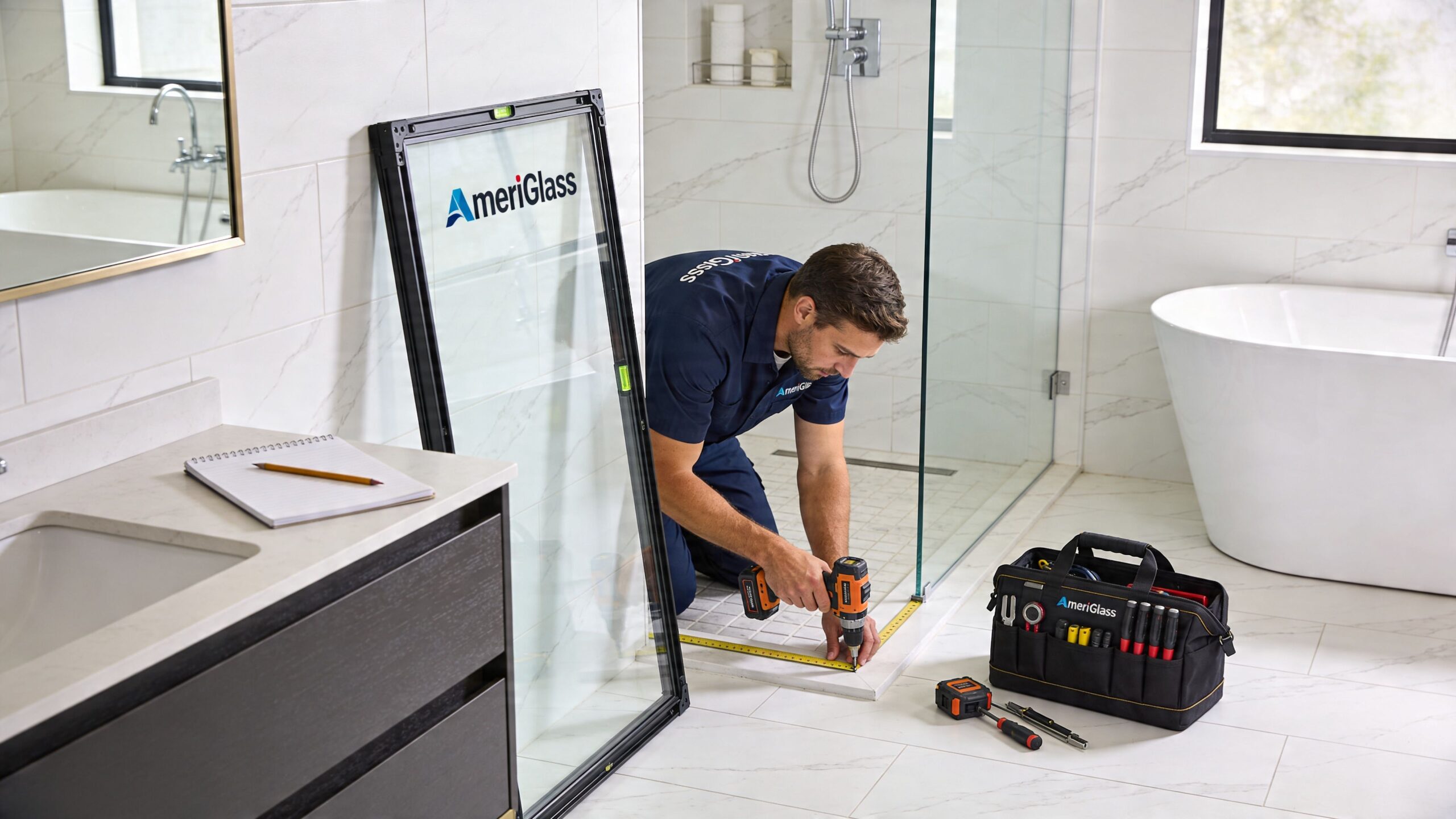 A professional technician wearing an AmeriGlass uniform installs a glass panel shower door in a modern bathroom.