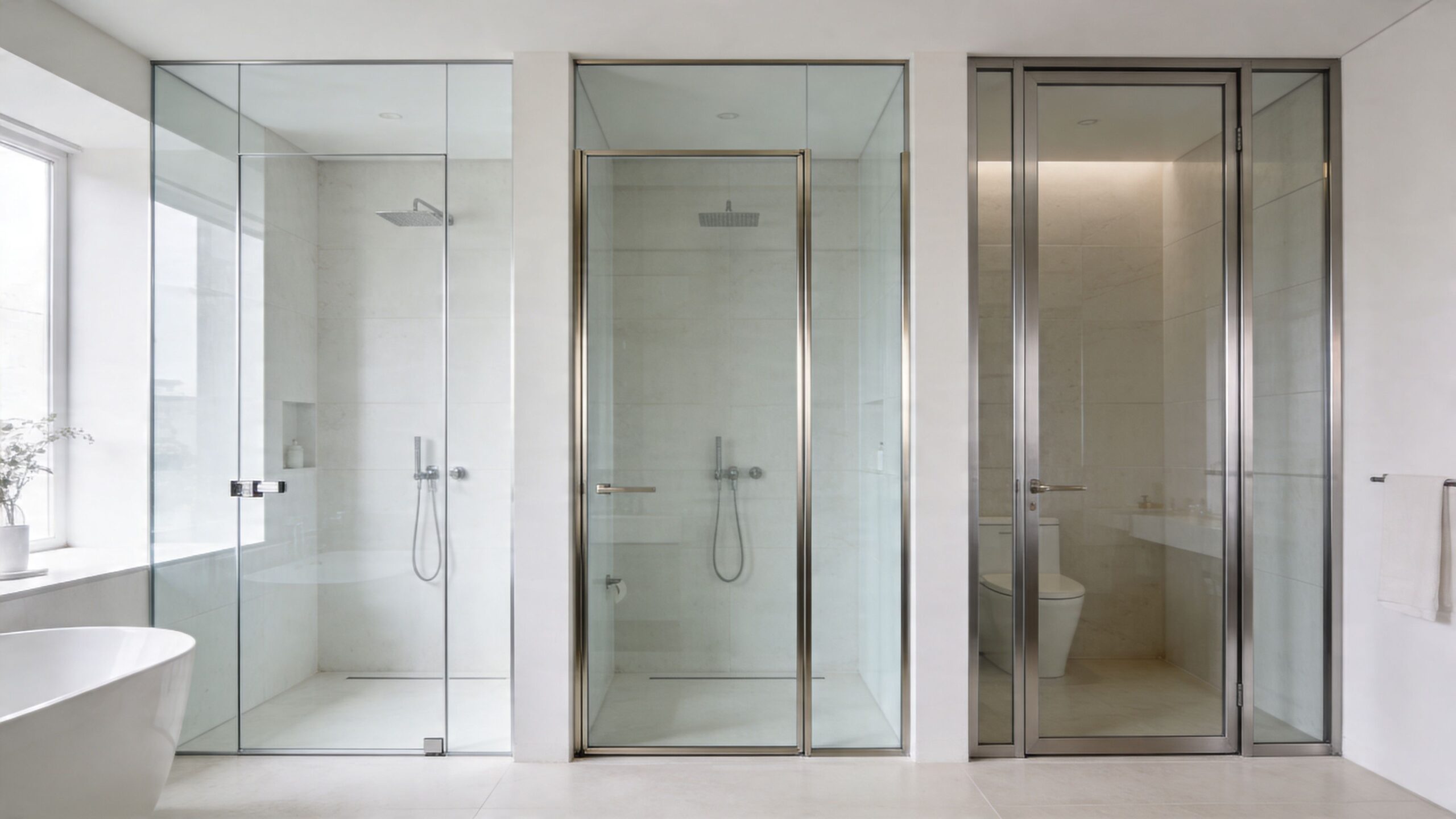 A modern luxury bathroom featuring three glass panel shower and toilet enclosures with minimalist metal frames.