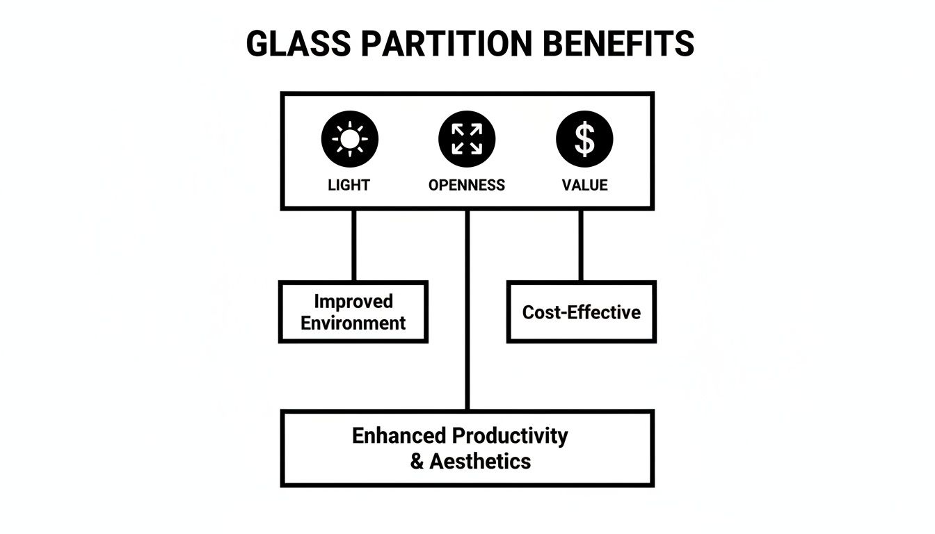Flowchart showing glass partition benefits: light, openness, value lead to improved environment and cost-effectiveness, enhancing productivity and aesthetics.