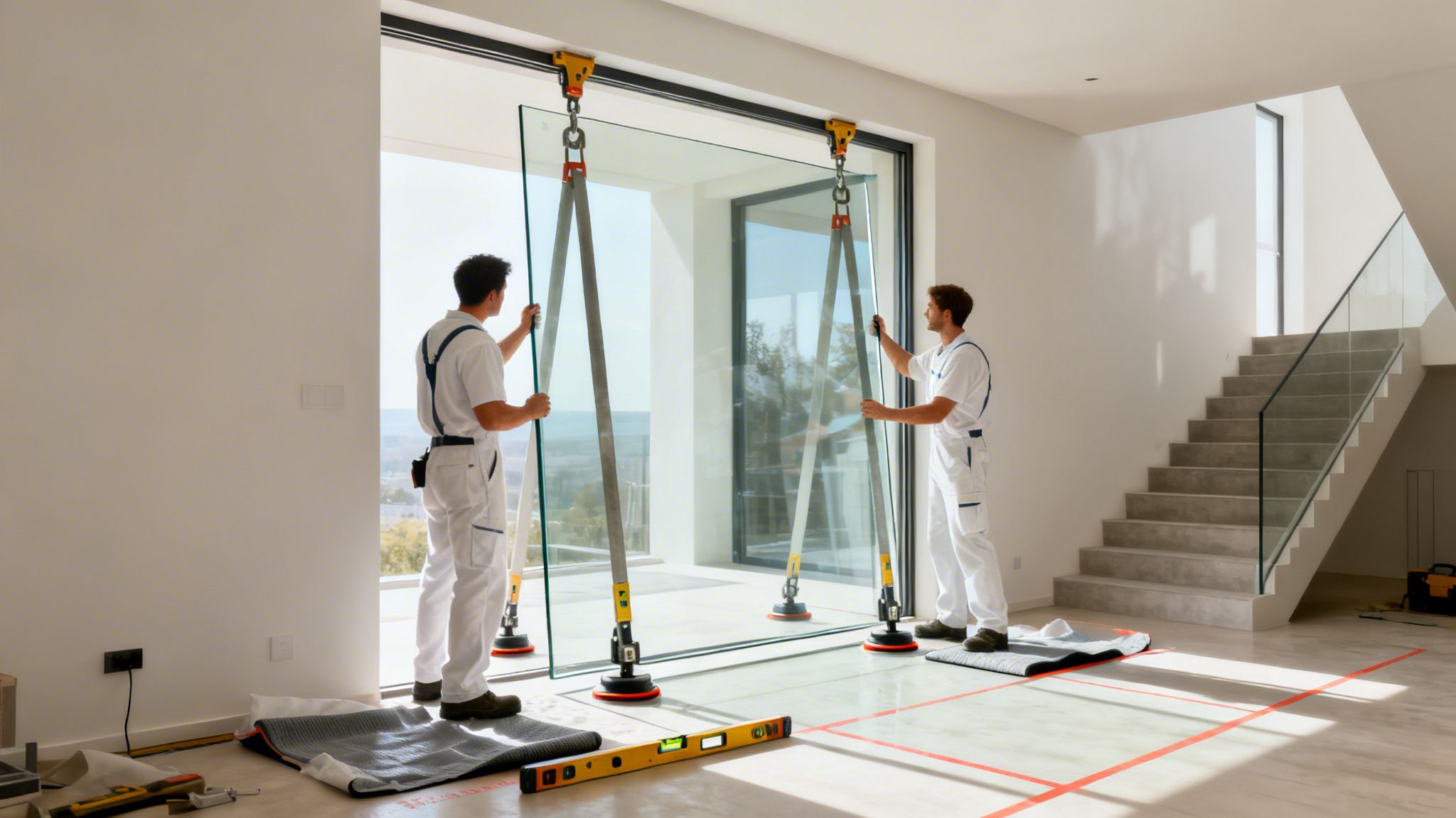 Two professional workers carefully installing a large glass sliding door in a modern home.