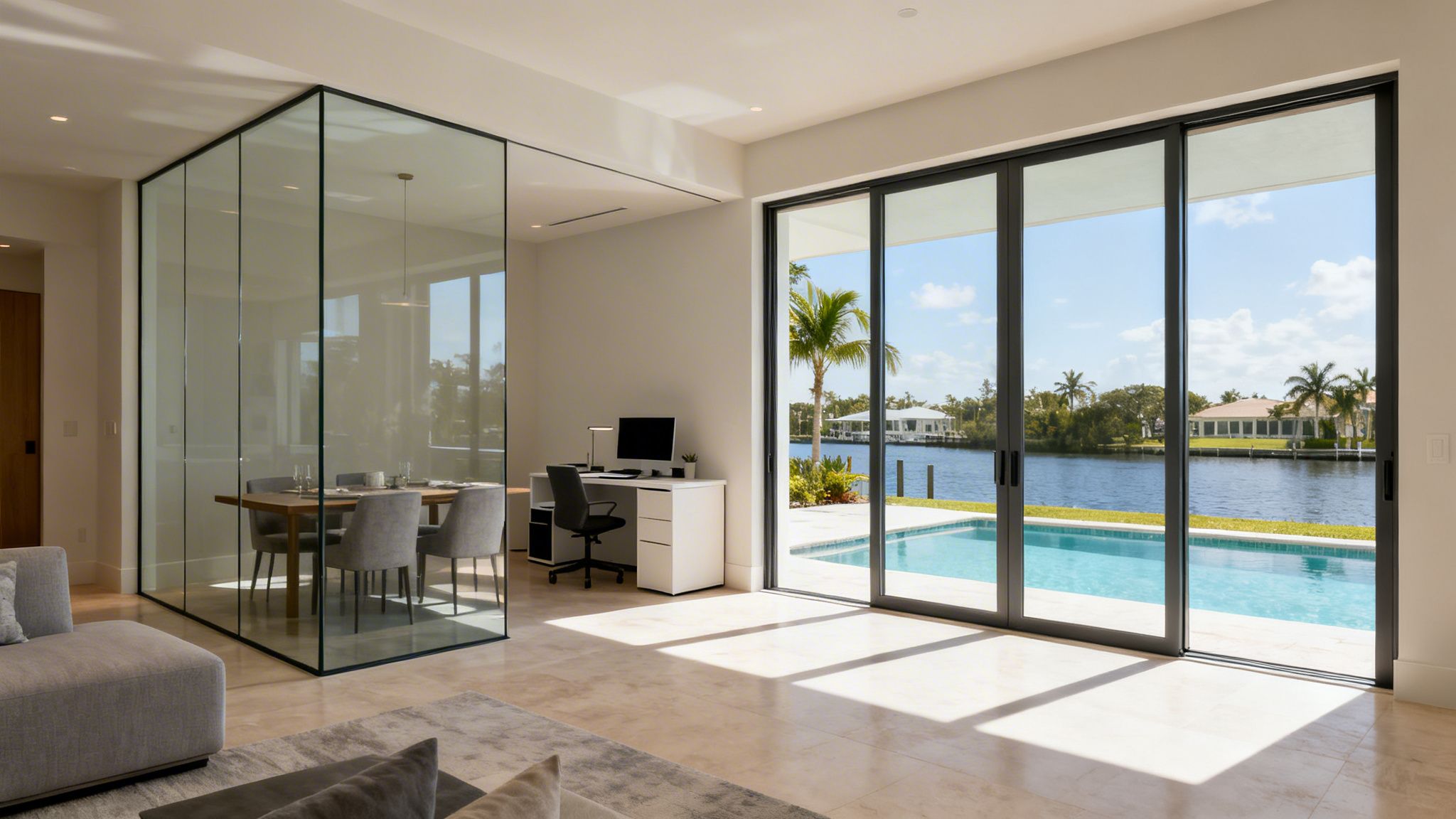 A modern open-concept home interior featuring glass dining room partitions, a home office, and a waterfront pool view.