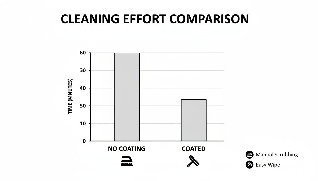 Bar chart comparing cleaning effort, showing coated surfaces take significantly less time than no coating.
