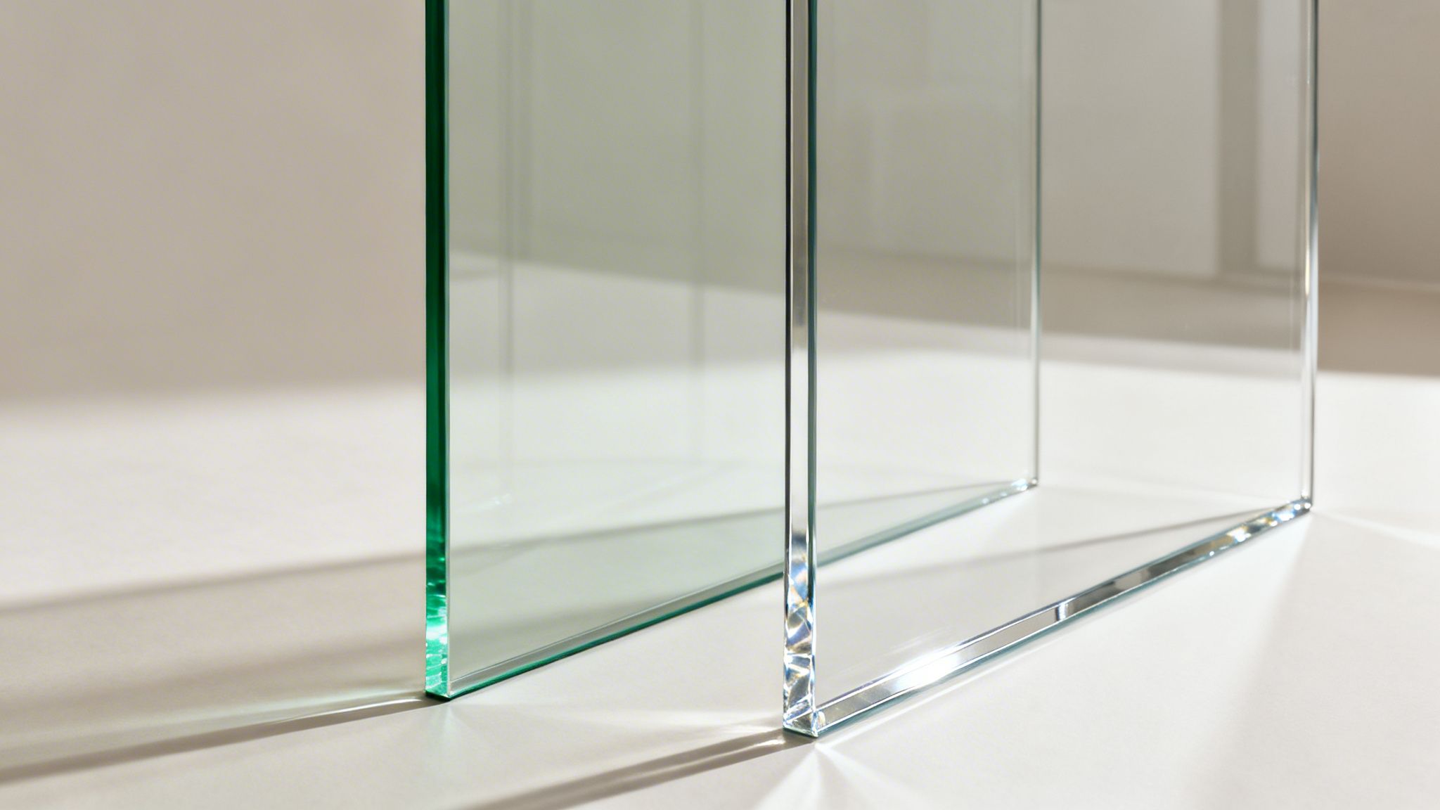 Three clear glass panels with polished green edges reflecting light on a white surface.