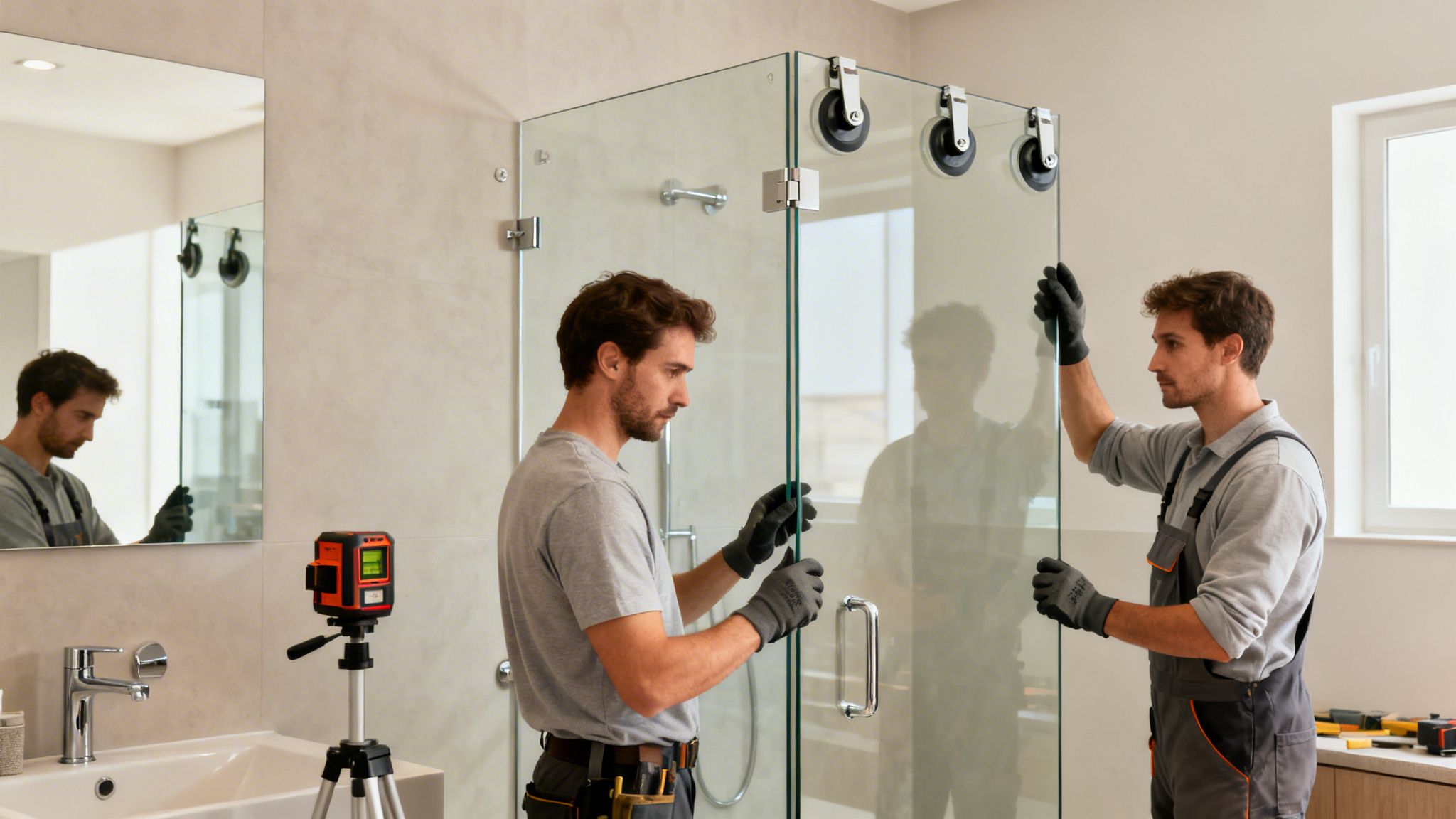 Two men installing a frameless glass shower enclosure in a modern bathroom.
