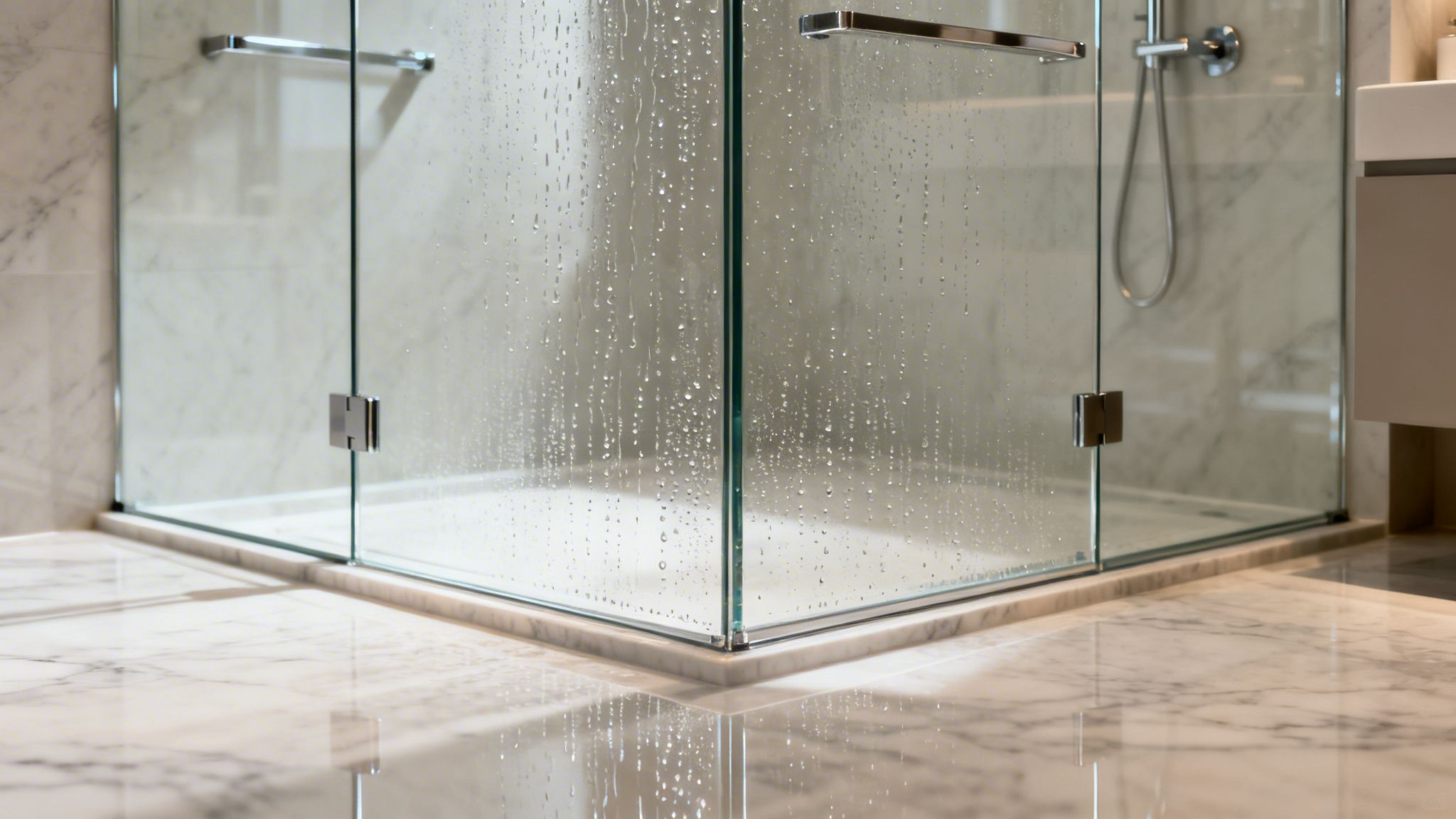 A sleek, modern glass shower enclosure with water droplets on the panels and marble flooring.