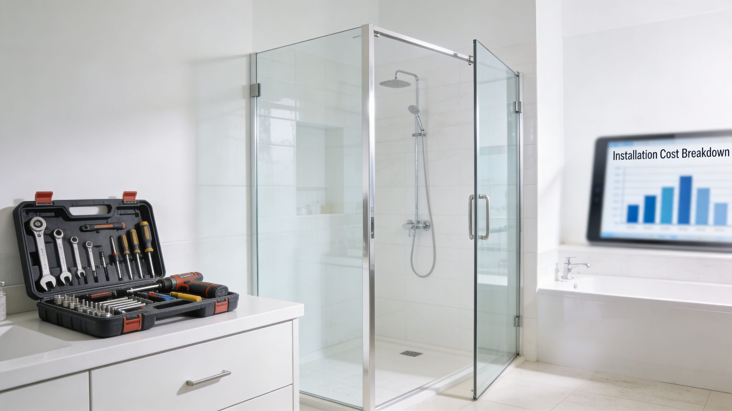 A tool case sitting on a bathroom vanity with a modern glass shower enclosure in the background.