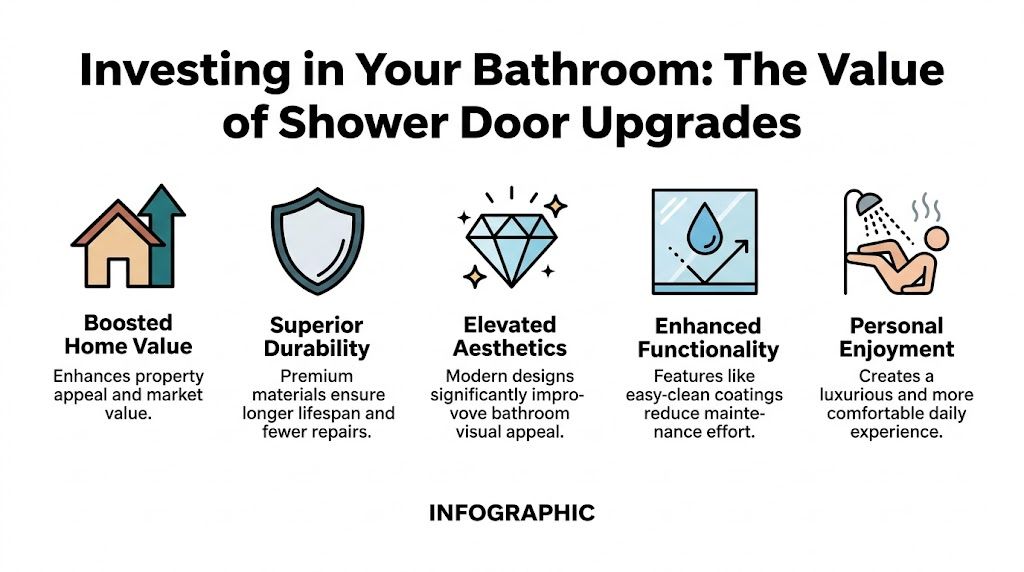 An infographic titled Investing in Your Bathroom illustrating the five key benefits of shower door upgrades.