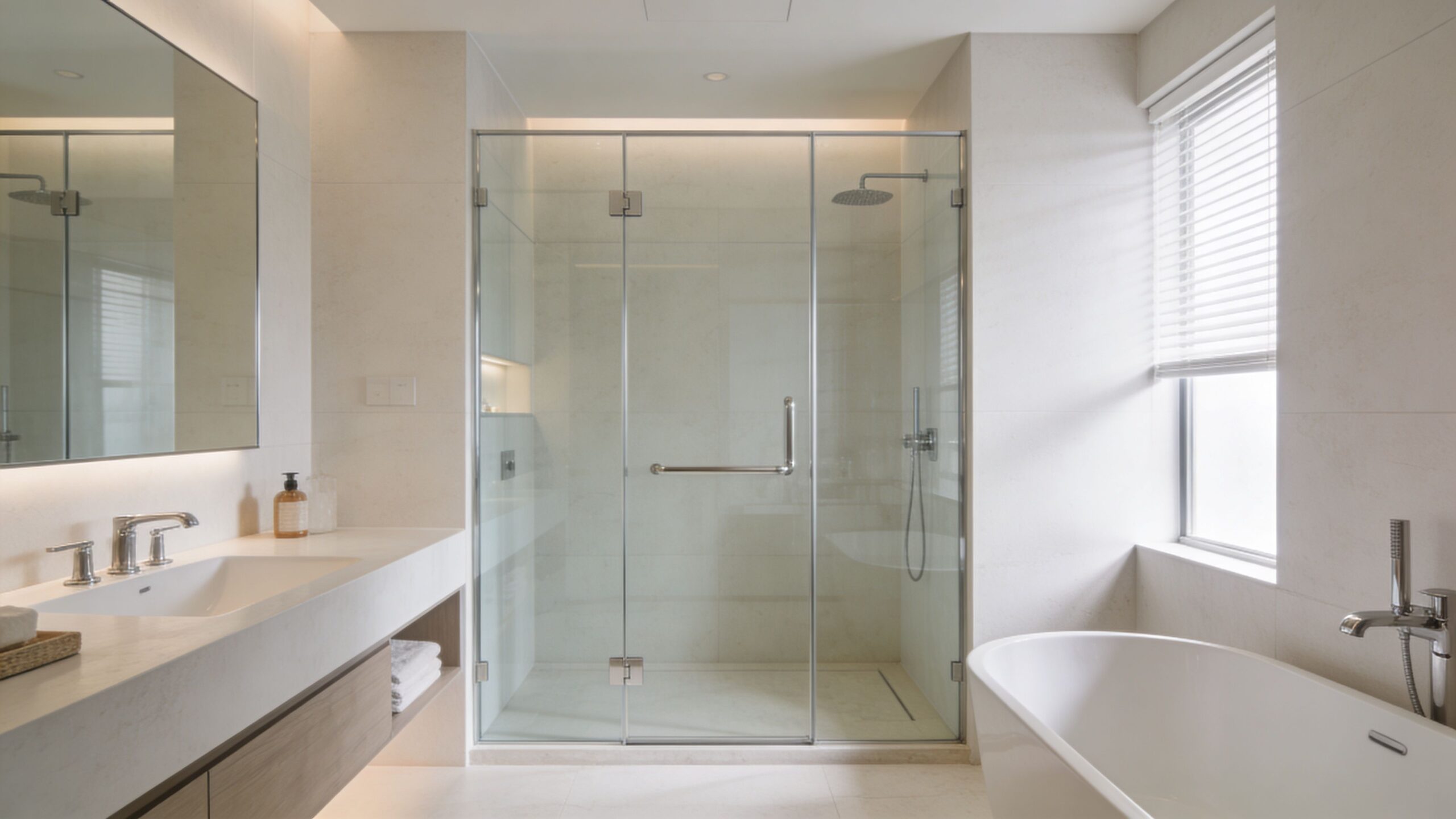 A luxurious, modern white bathroom featuring a spacious glass shower enclosure and a freestanding soaking bathtub.