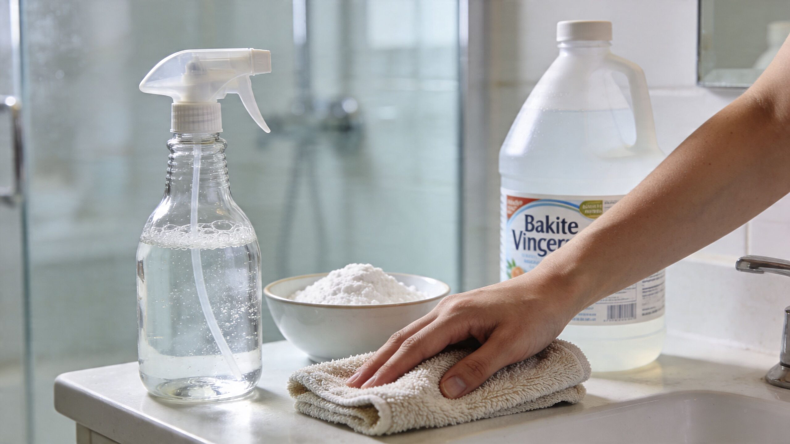 A person uses vinegar and baking soda to clean a bathroom vanity countertop.