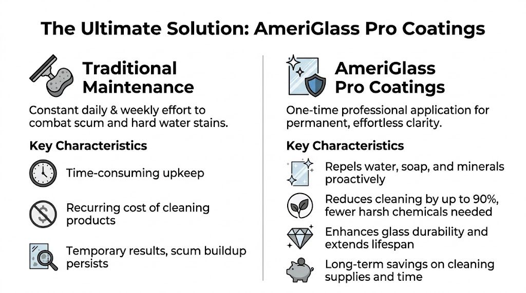 Comparison chart showing the benefits of professional glass protective coatings versus traditional daily shower maintenance methods.
