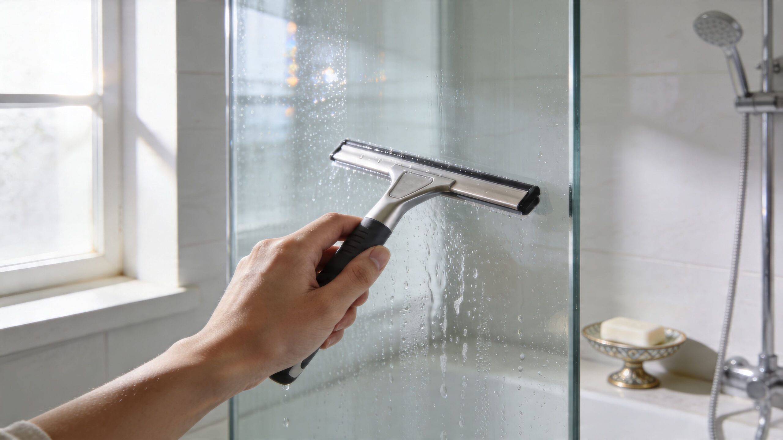 A hand using a squeegee to clean soap scum and water droplets from a glass shower door.