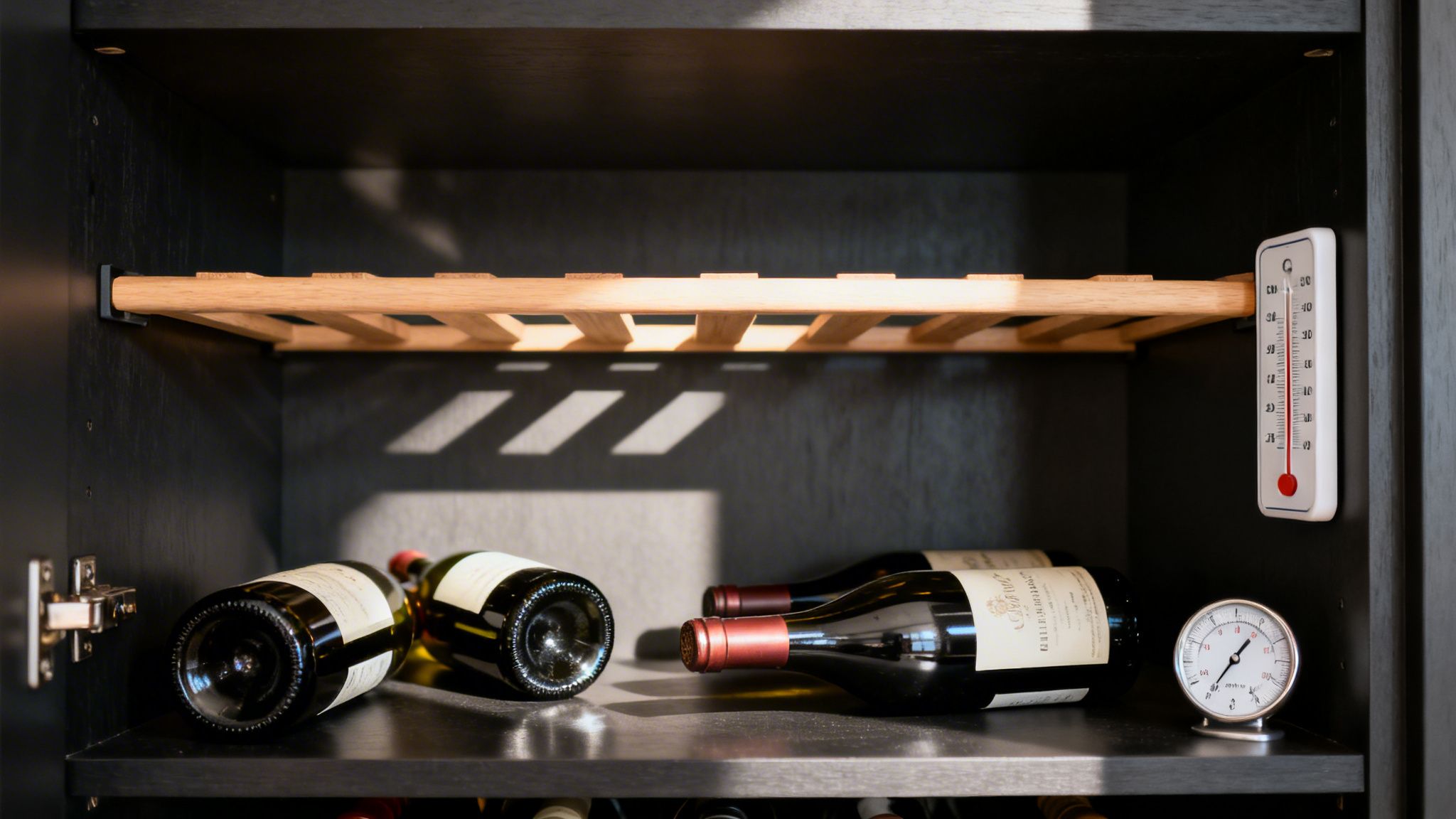 Wine bottles are stored horizontally in a dark cabinet, with a wooden rack and two thermometers.
