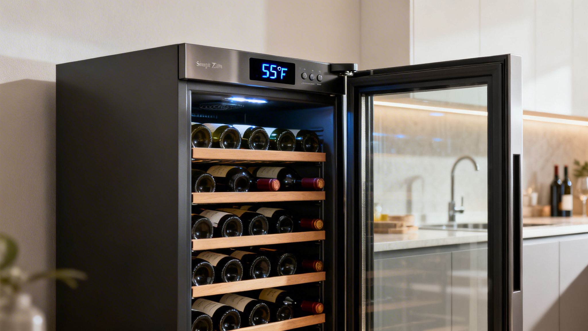 Modern black wine cooler filled with bottles, showing 55°F, in a bright kitchen setting.