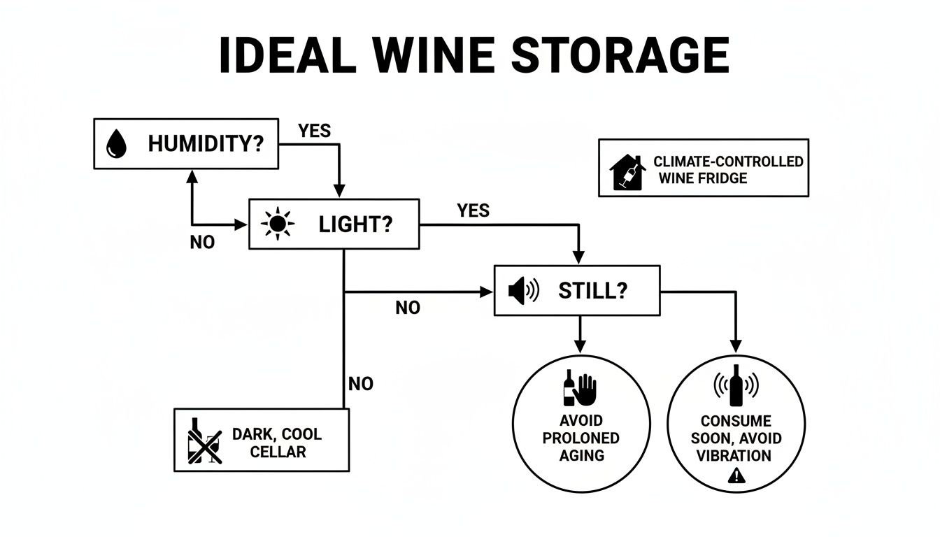 A flowchart demonstrating ideal wine storage conditions based on humidity, light, and stillness.