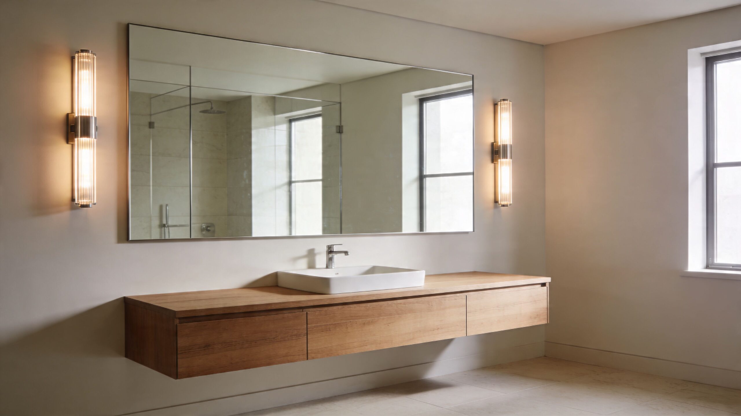 A modern floating wooden bathroom vanity with a white rectangular sink and large mirror mounted on a wall.